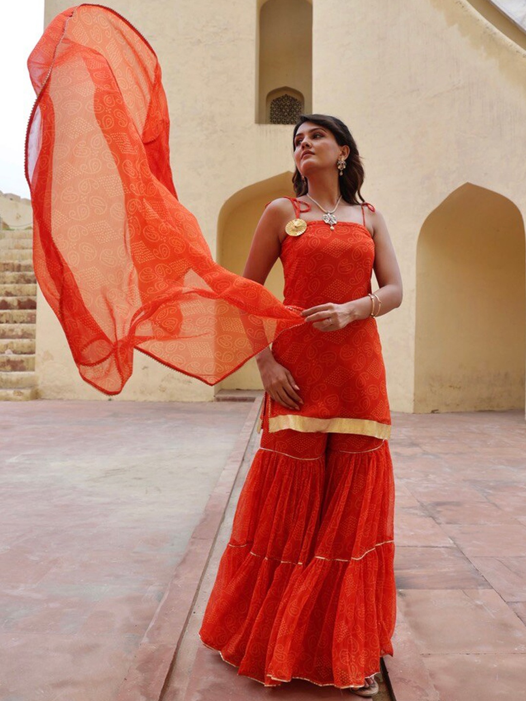 

OneWe Women Bandhani Printed Kurti with Sharara & Dupatta, Orange