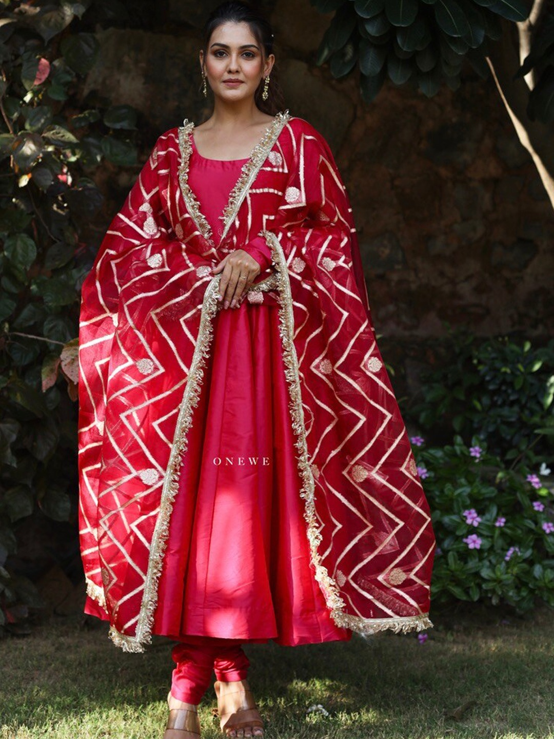 

OneWe Women Anarkali Kurta with Churidar & Dupatta, Pink