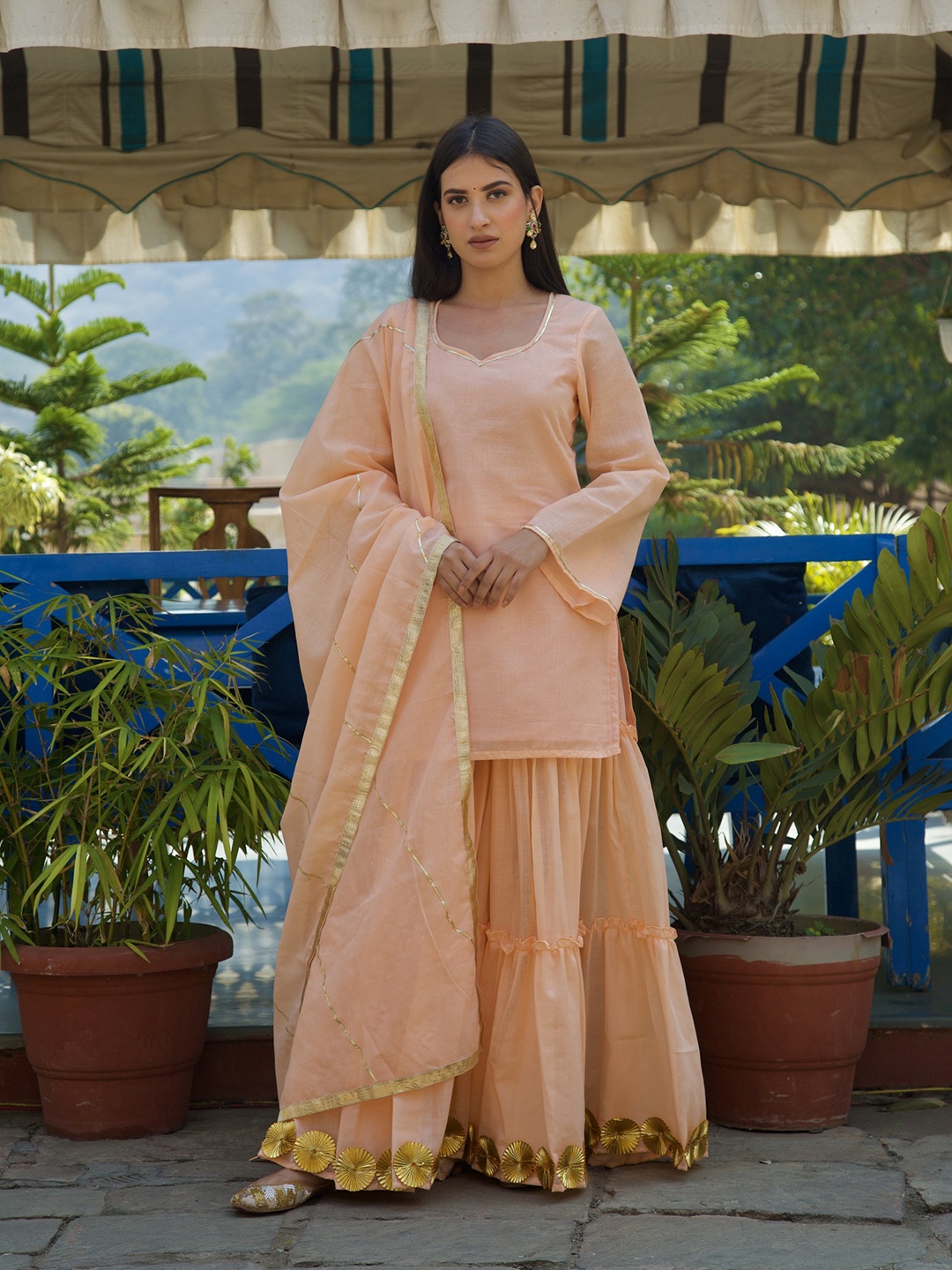 

OneWe Women Pure Cotton Kurti with Sharara & Dupatta, Peach