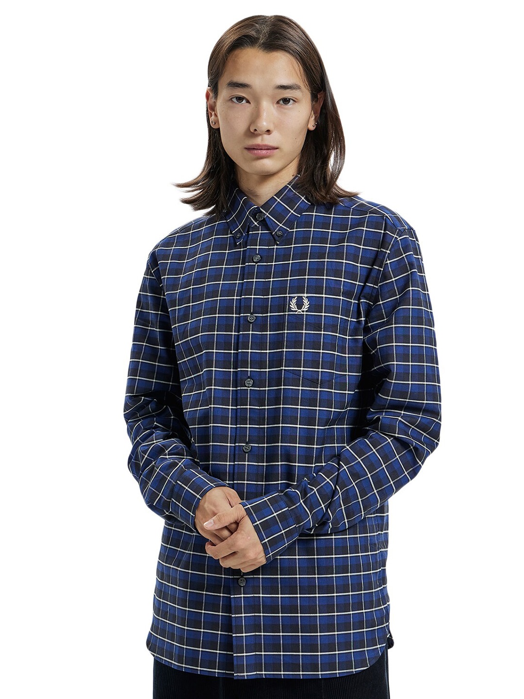 

Fred Perry Men Windowpane Checks Cotton Casual Shirt, Navy blue