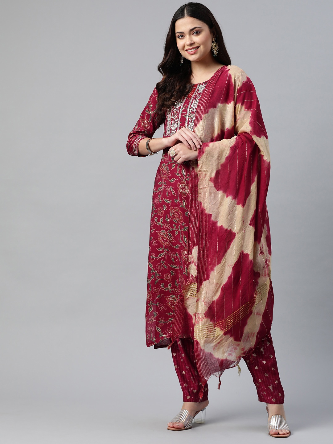 

Readiprint Fashions Women Floral Printed Sequinned Chanderi Kurti with Pyjamas & Dupatta, Red