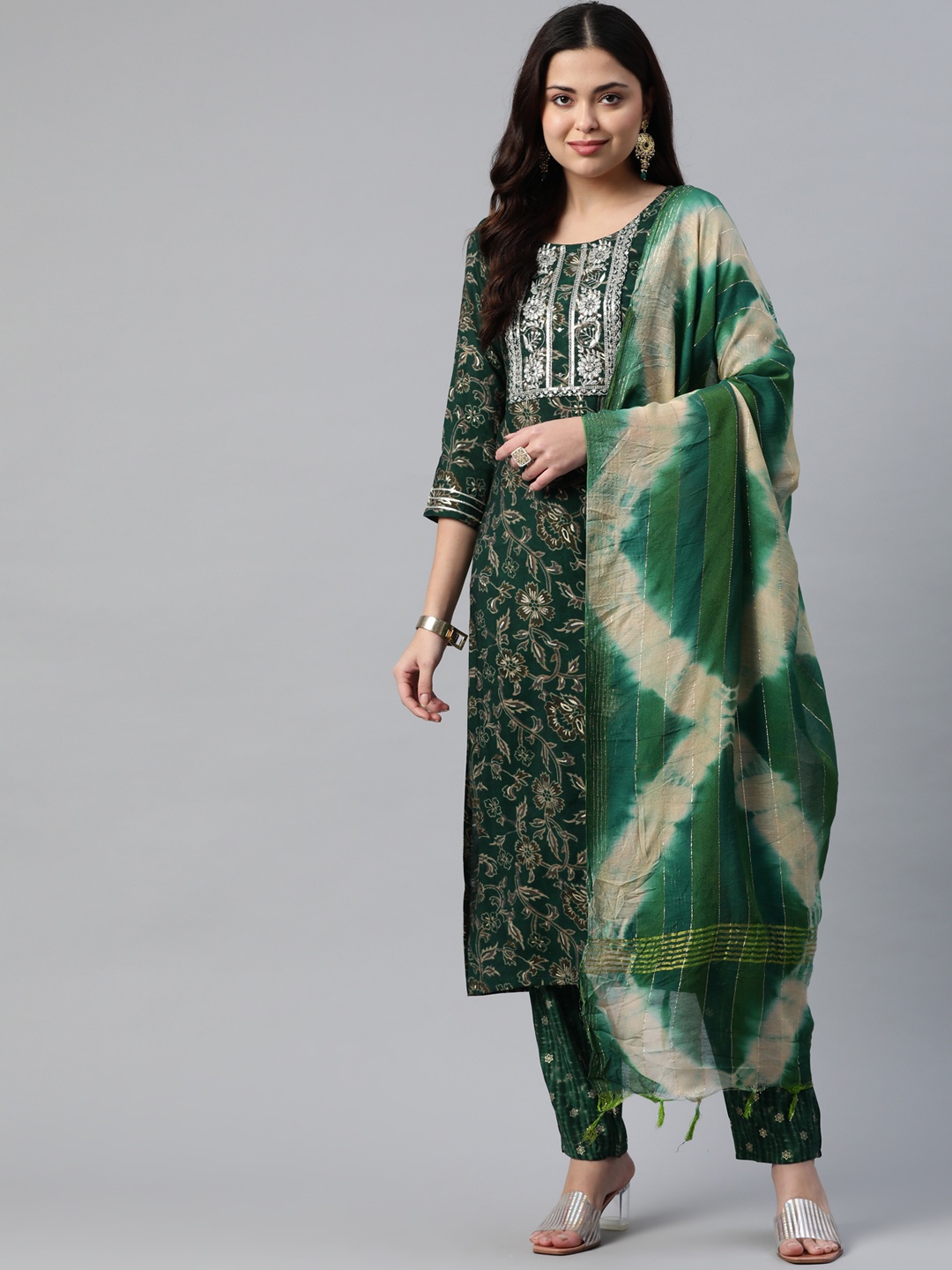 

Readiprint Fashions Women Floral Printed Sequinned Cotton Kurta with Trousers & Dupatta, Green