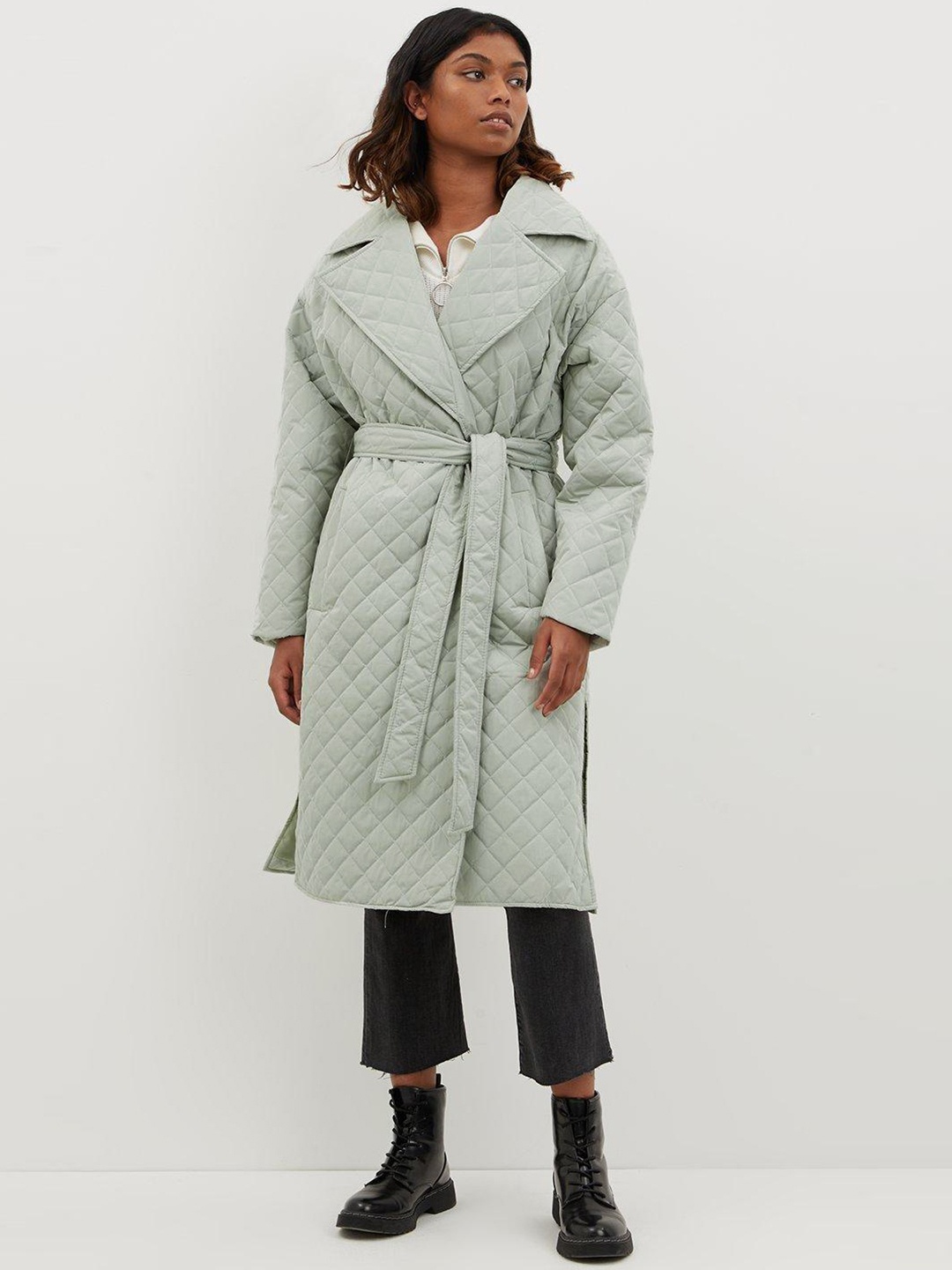 

DOROTHY PERKINS Women Longline Quilted Jacket with Belt, Green