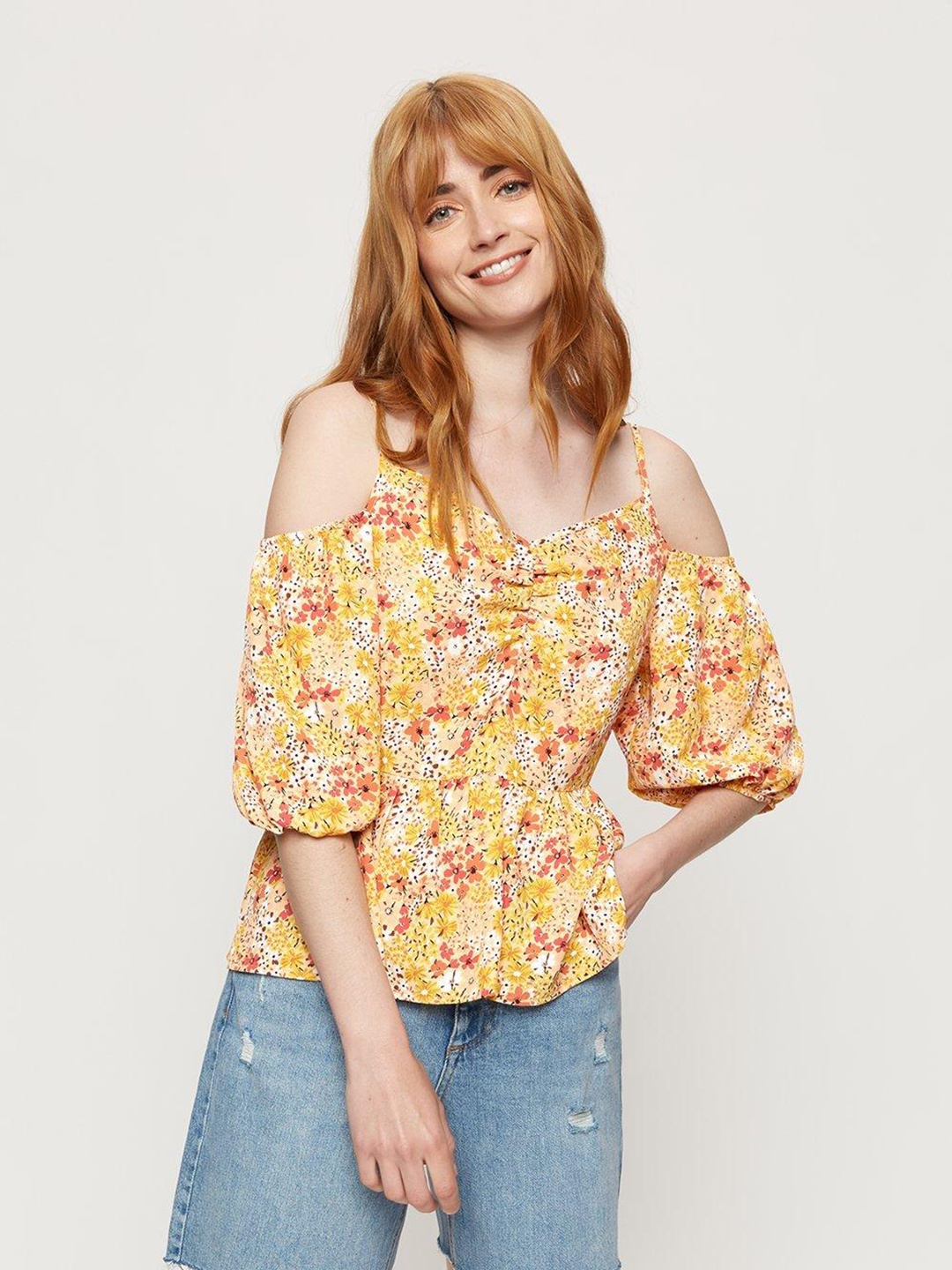 

DOROTHY PERKINS Yellow & Coral Pink Floral Print Top