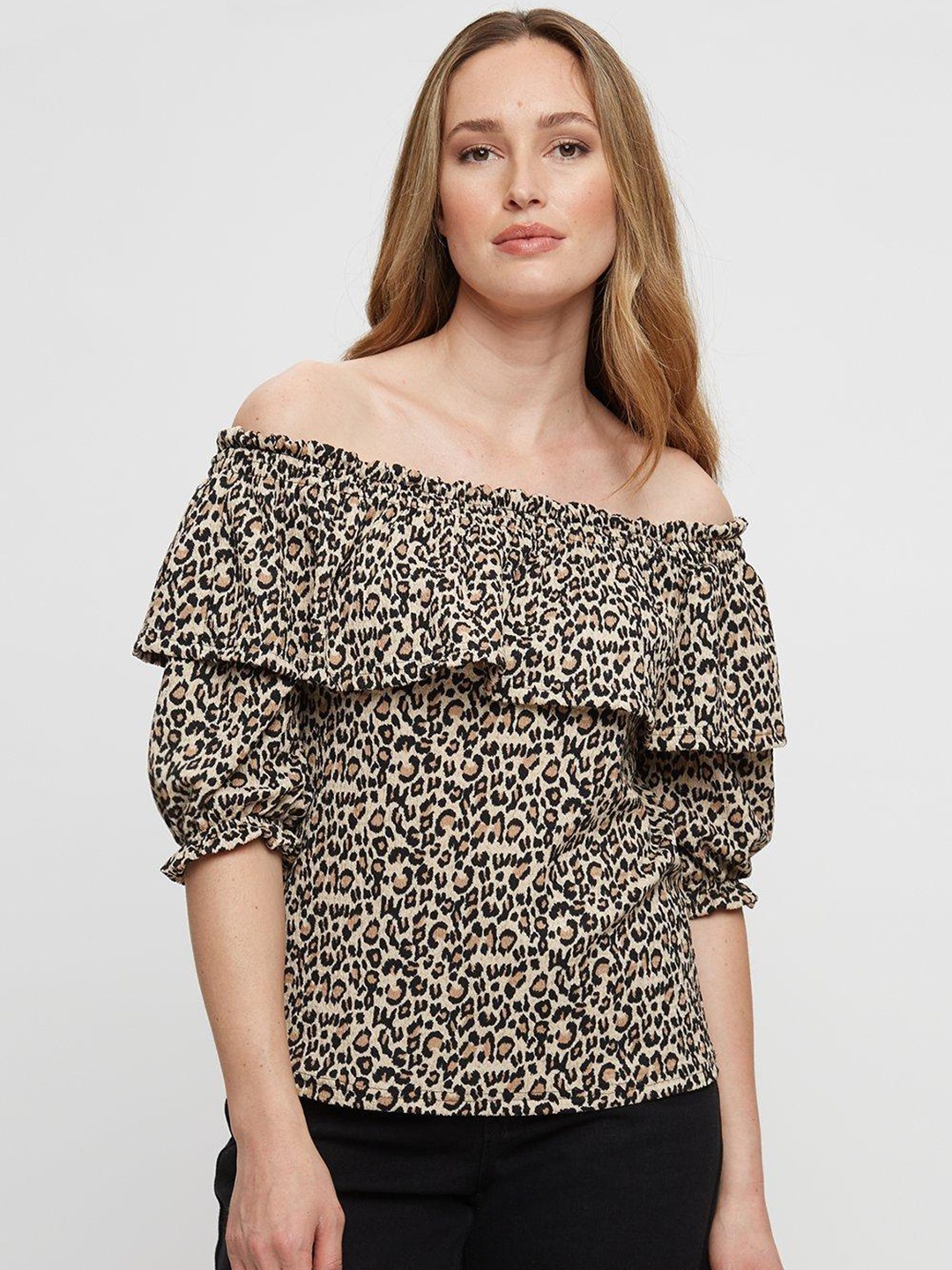 

DOROTHY PERKINS Beige & Black Animal Print Off-Shoulder Ruffles Bardot Top