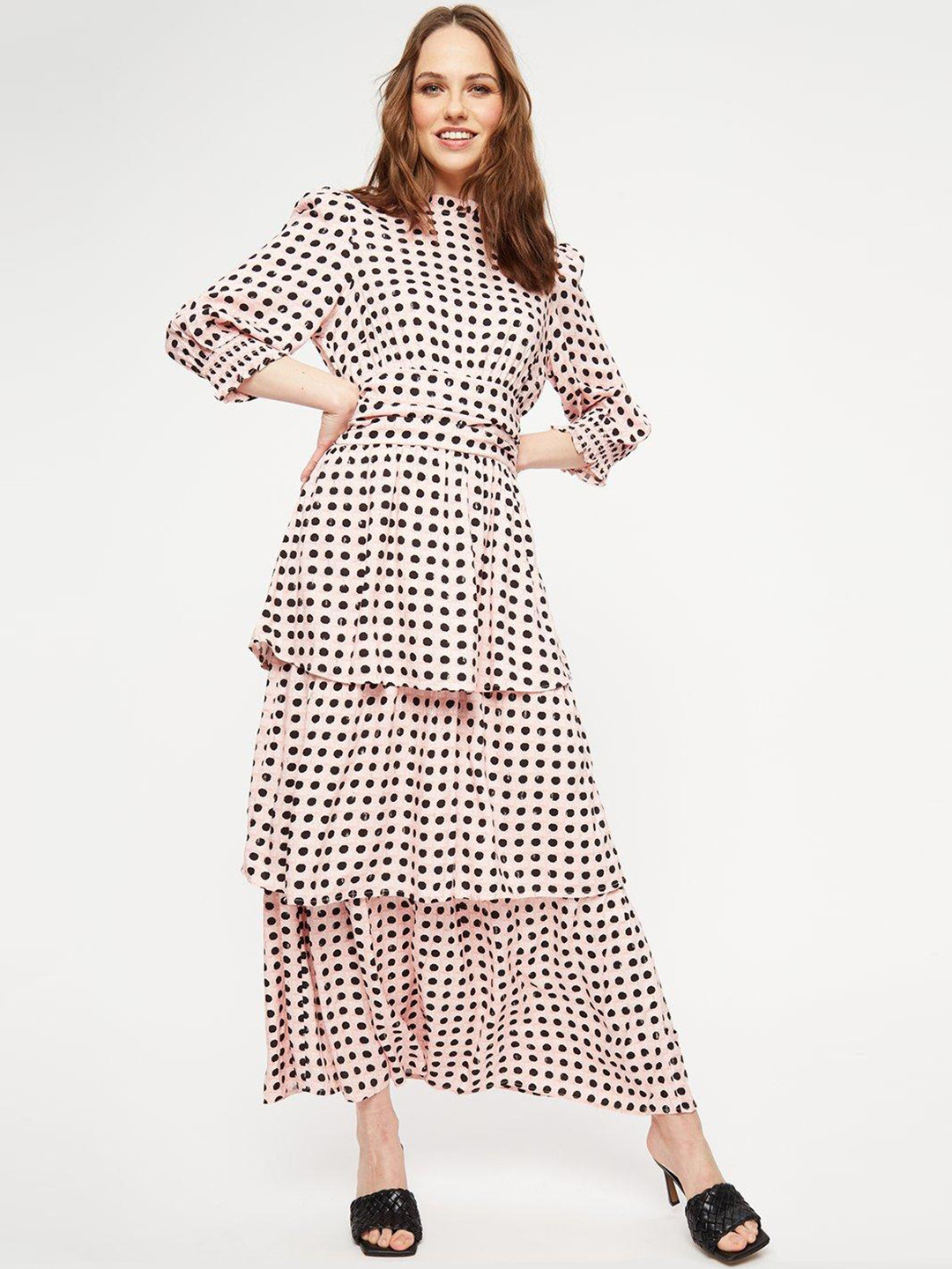 

DOROTHY PERKINS Pink & Black Polka Dots Print Puff Sleeve Maxi Dress
