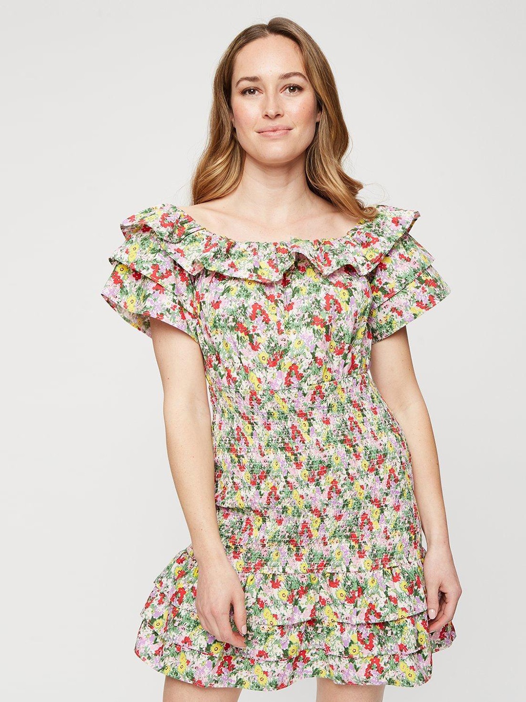 

DOROTHY PERKINS Pure Cotton Floral Print Smocked A-Line Dress, Green