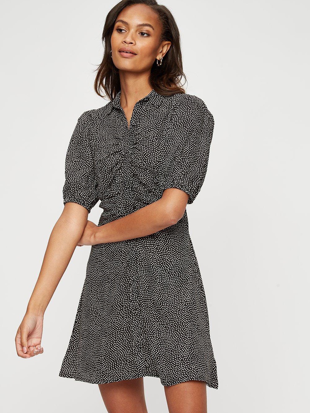 

DOROTHY PERKINS Dotted Print Ruched Shirt Dress, Black