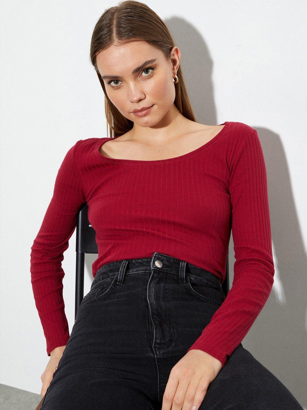 

DOROTHY PERKINS Women Ribbed Organic Cotton T-shirt, Maroon