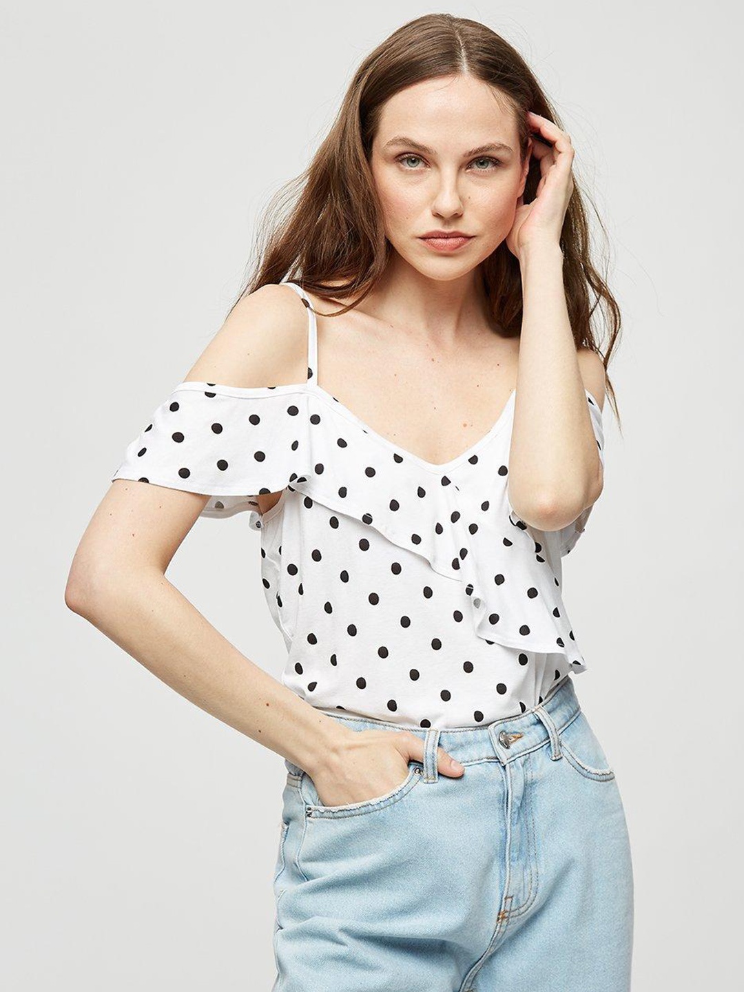 

DOROTHY PERKINS Polka Dots Print Ruffled Cold-Shoulder Top, White