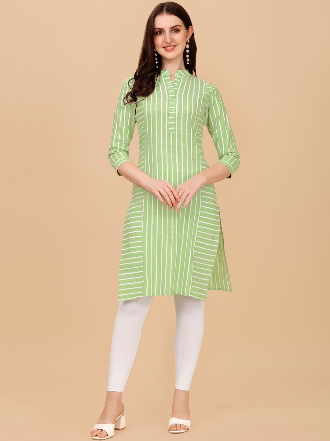 

White World Mandarin collar Striped Cotton Kurta, Green