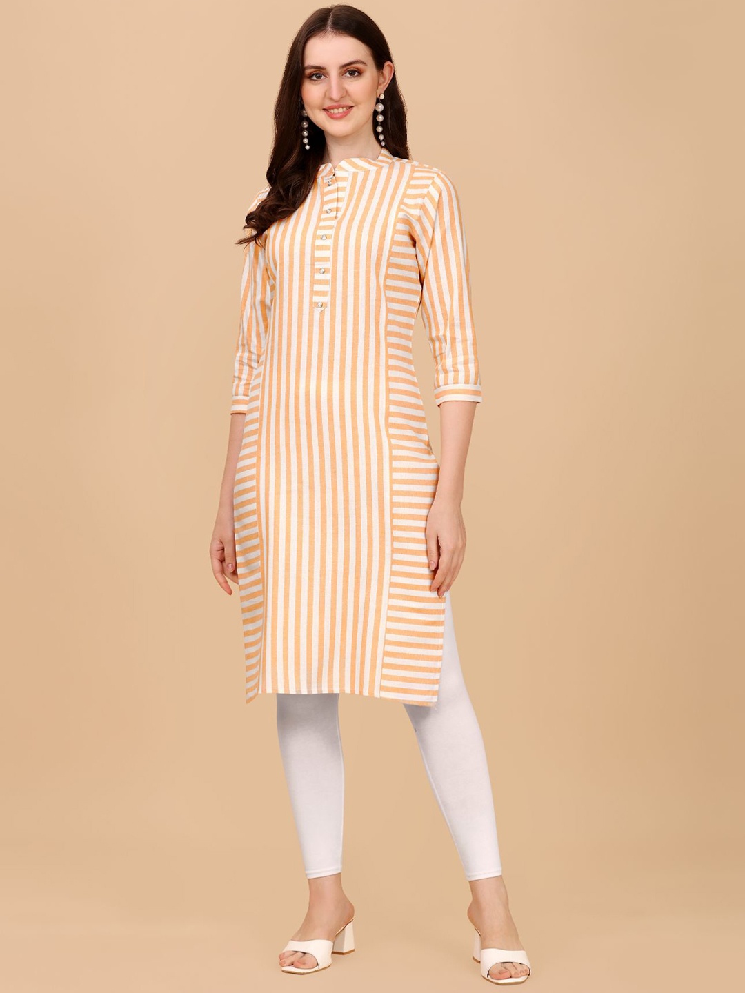 

White World Mandarin collar Striped Cotton Kurta, Yellow