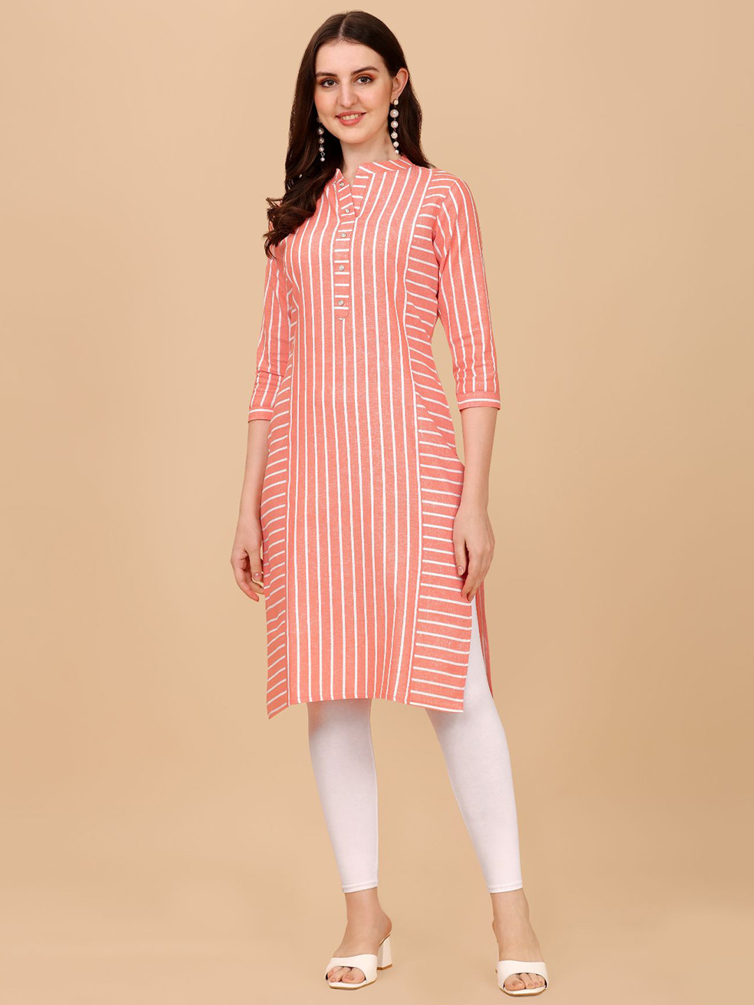 

White World Mandarin collar Striped Cotton Kurta, Orange