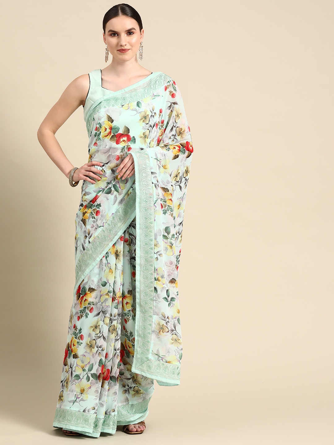 

Readiprint Fashions Georgette Floral Embroidered Saree, Sea green