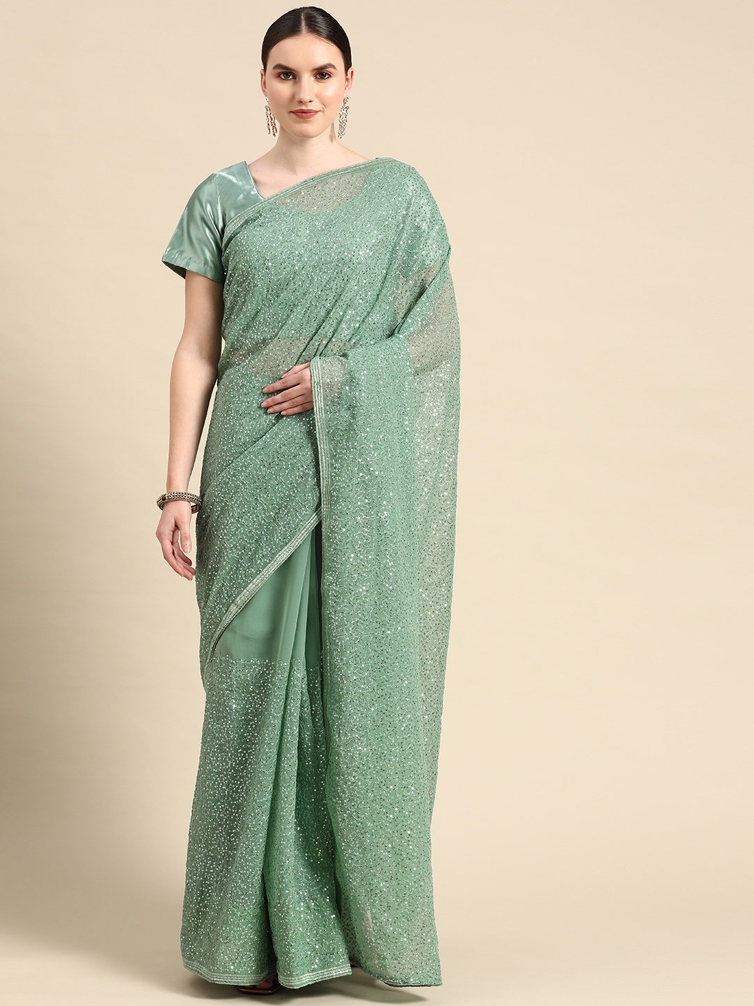 

Readiprint Fashions Floral Sequinned Georgette Saree, Green