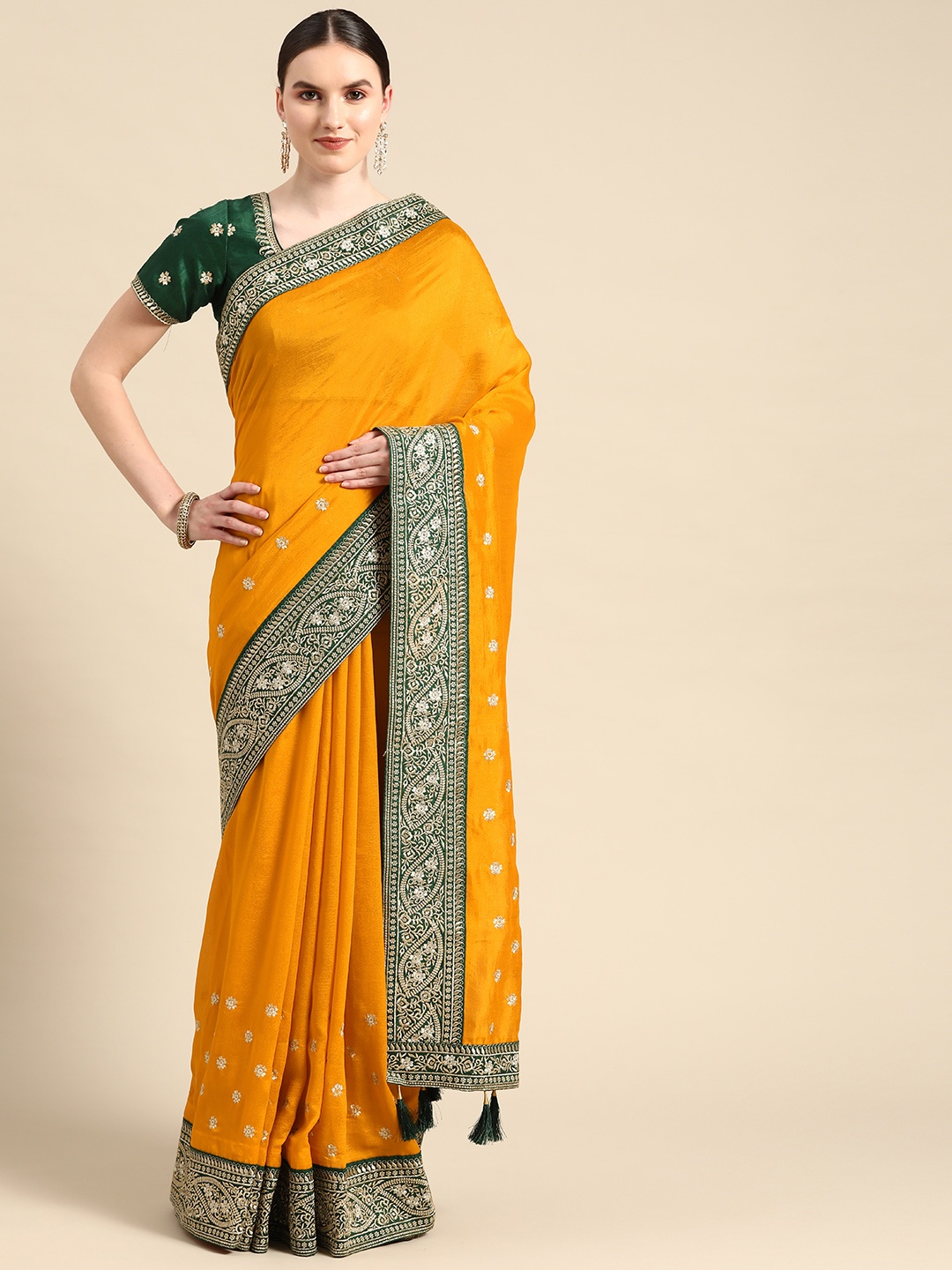 

Readiprint Fashions Floral Embroidered Zari Art Silk Saree, Mustard
