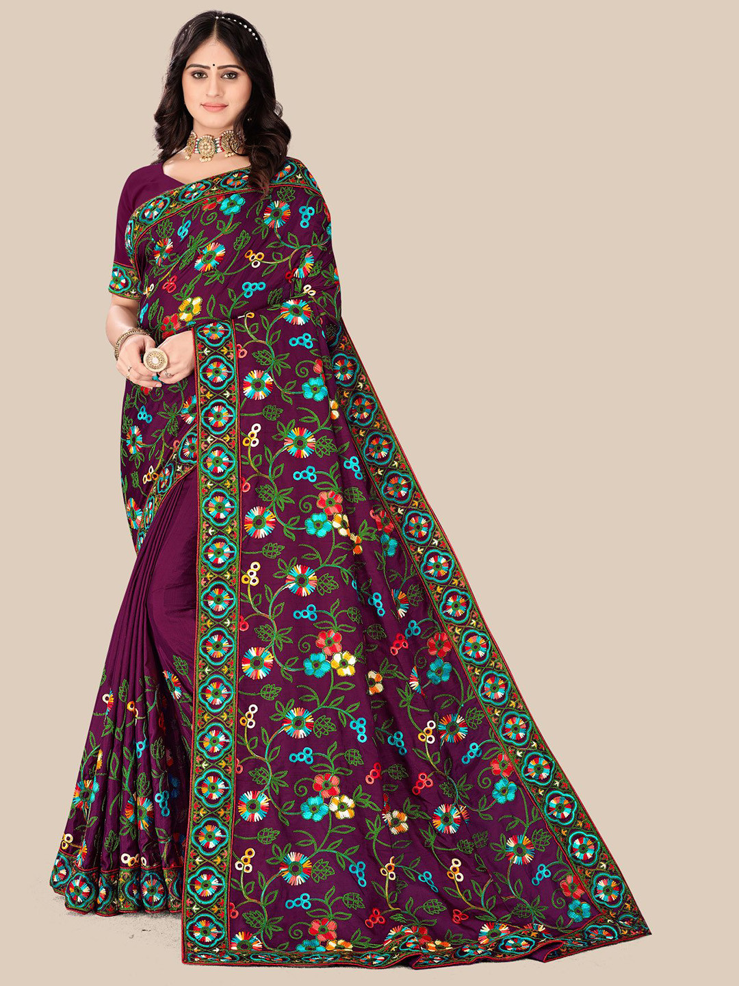 

VAIRAGEE Purple & Green Floral Embroidered Saree
