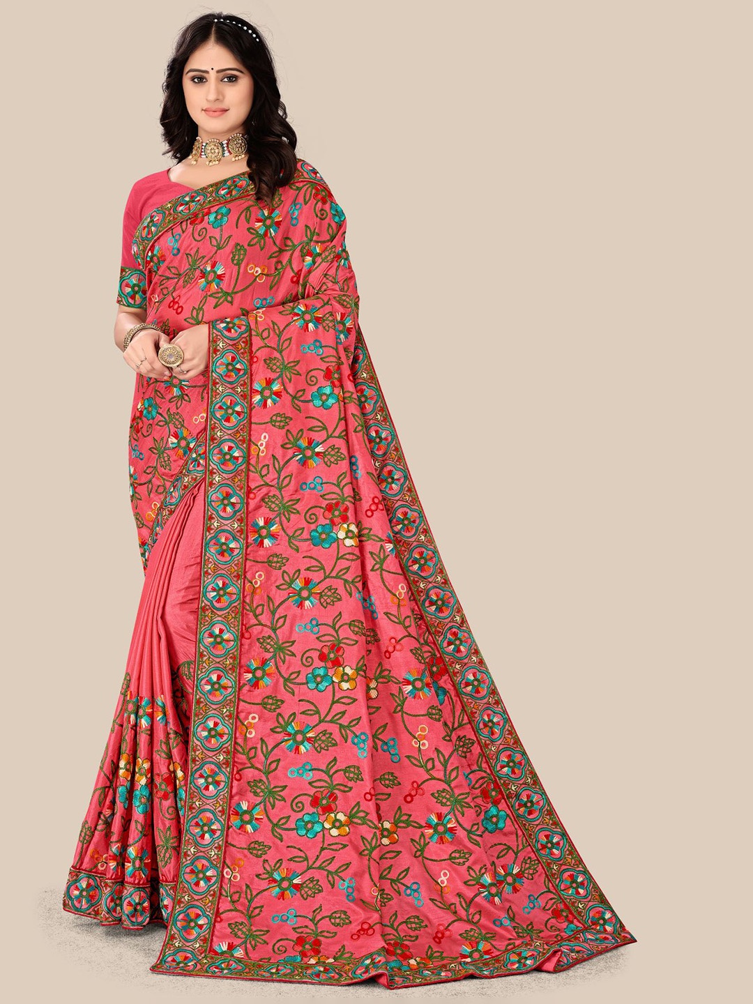 

VAIRAGEE Pink & Green Floral Embroidered Saree