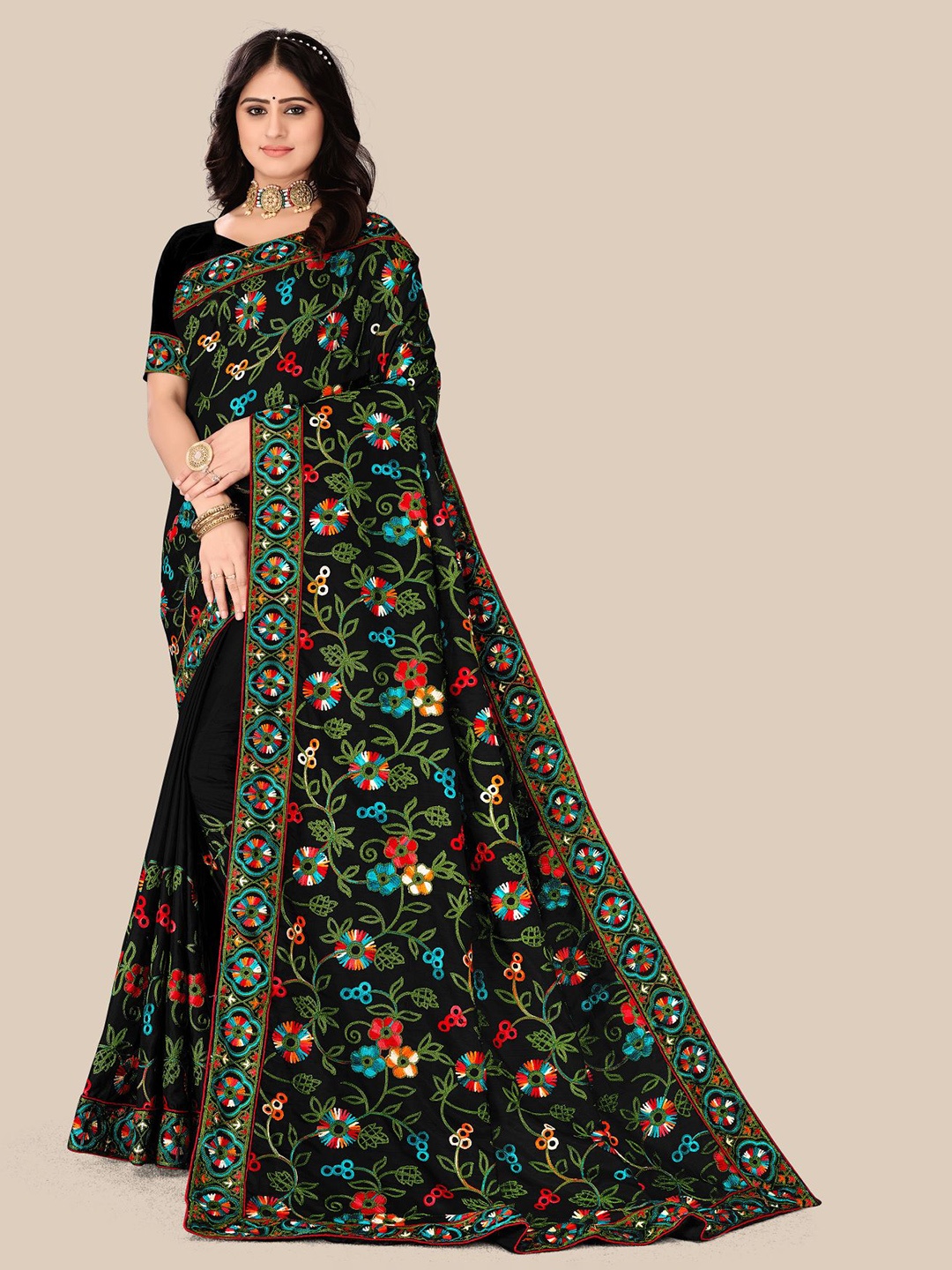 

VAIRAGEE Black & Green Floral Embroidered Saree