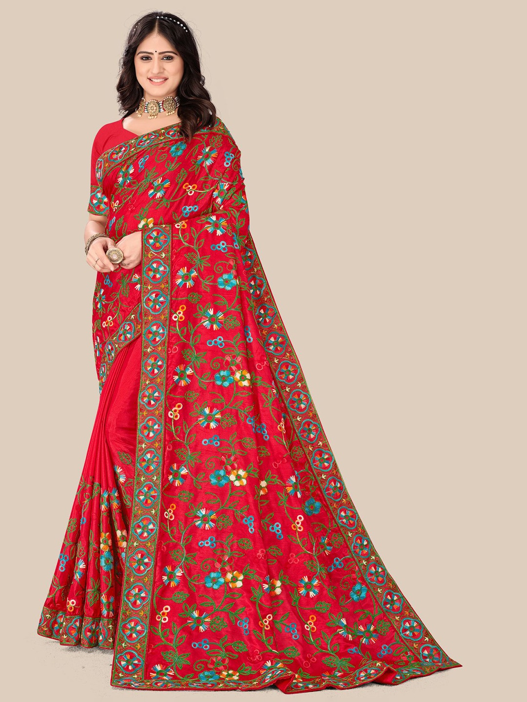 

VAIRAGEE Red & Green Floral Embroidered Saree