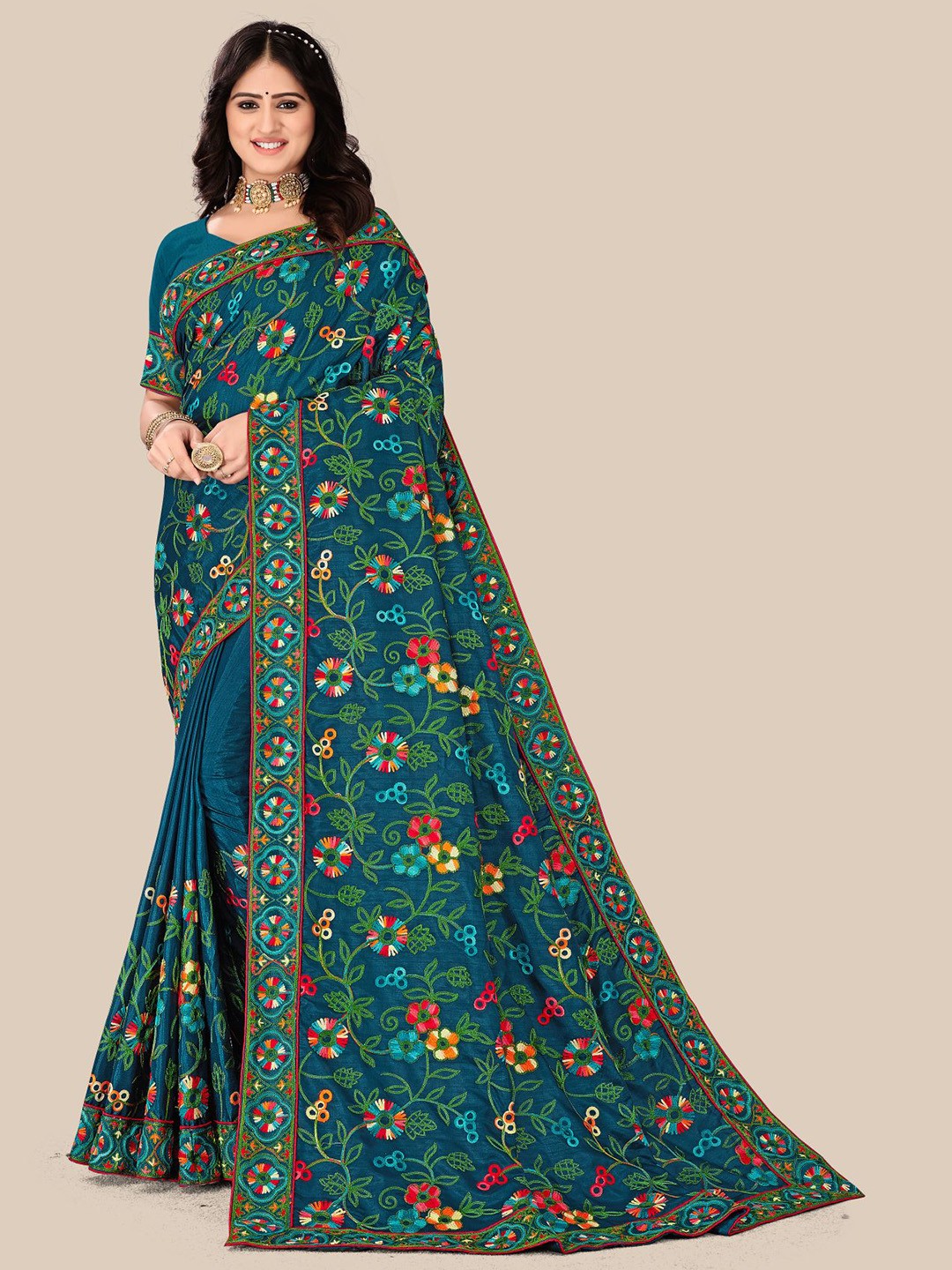 

VAIRAGEE Teal & Green Floral Embroidered Saree