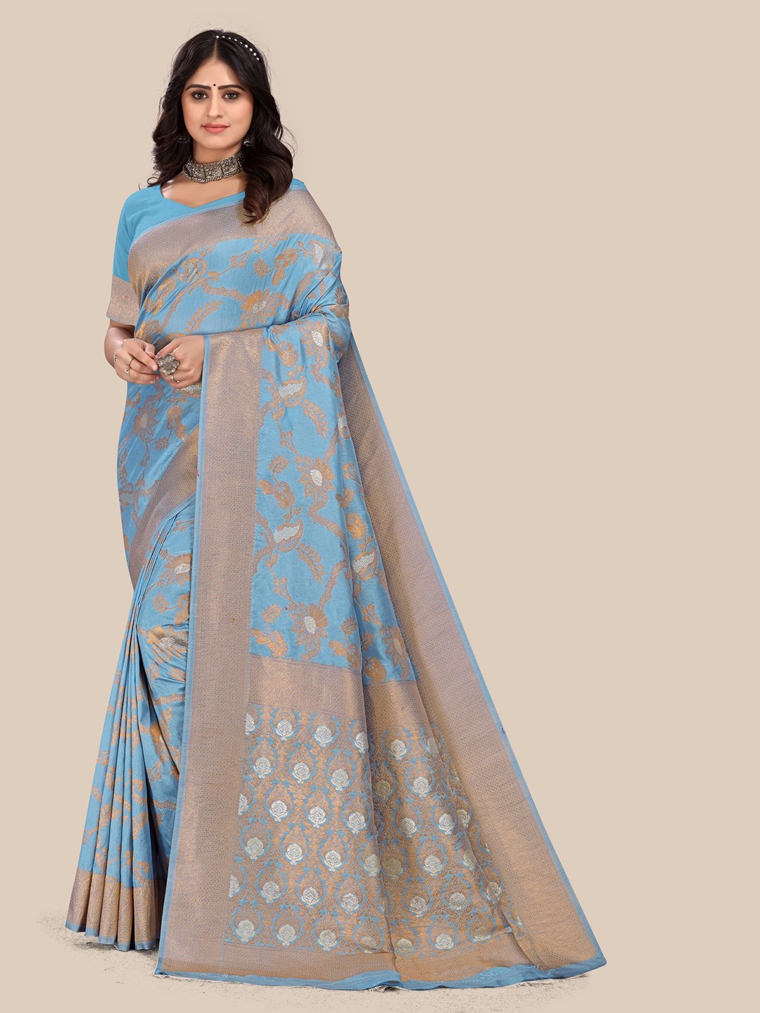 

VAIRAGEE Blue & Gold-Toned Woven Design Zari Saree