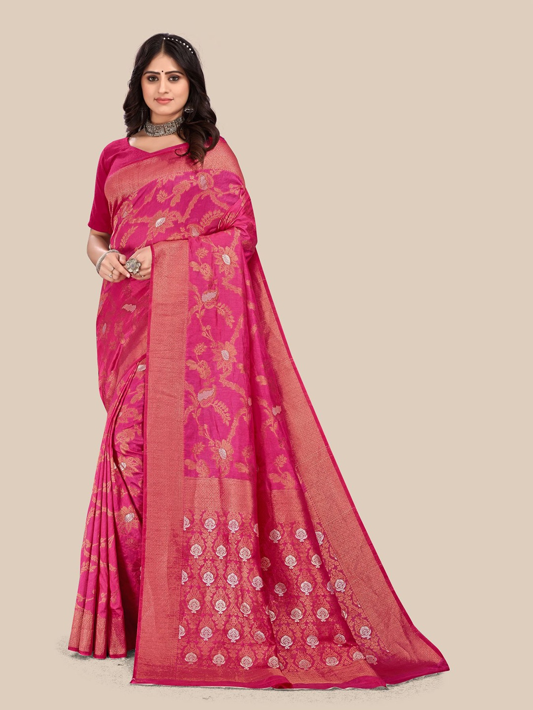 

VAIRAGEE Rose & Gold-Toned Woven Design Zari Saree