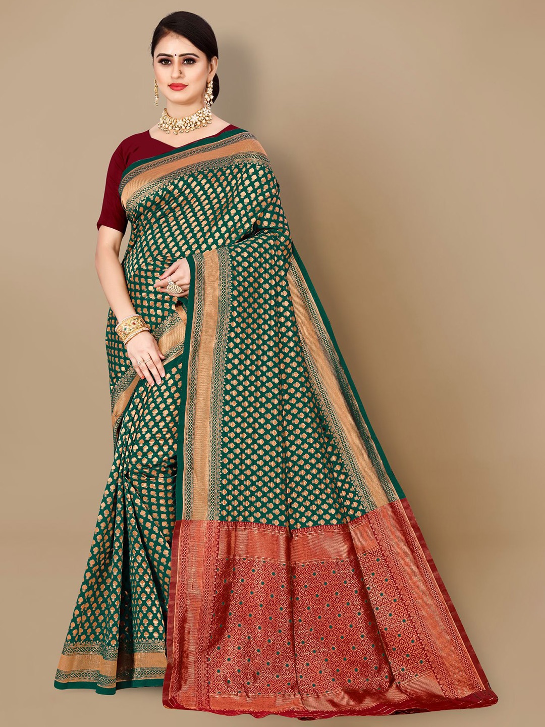

VAIRAGEE Green & Red Woven Design Zari Saree