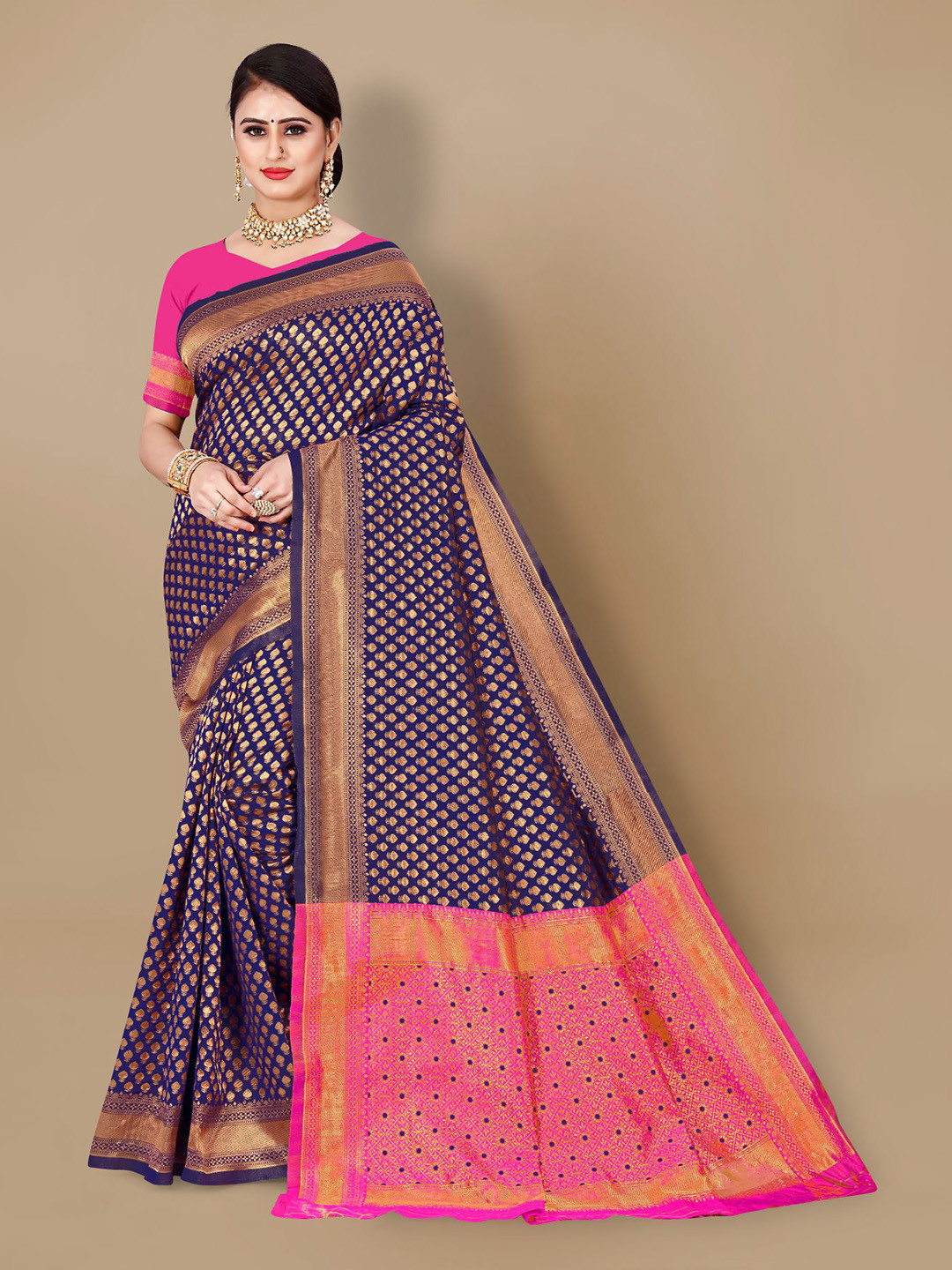 

VAIRAGEE Navy Blue & Pink Woven Design Zari Saree