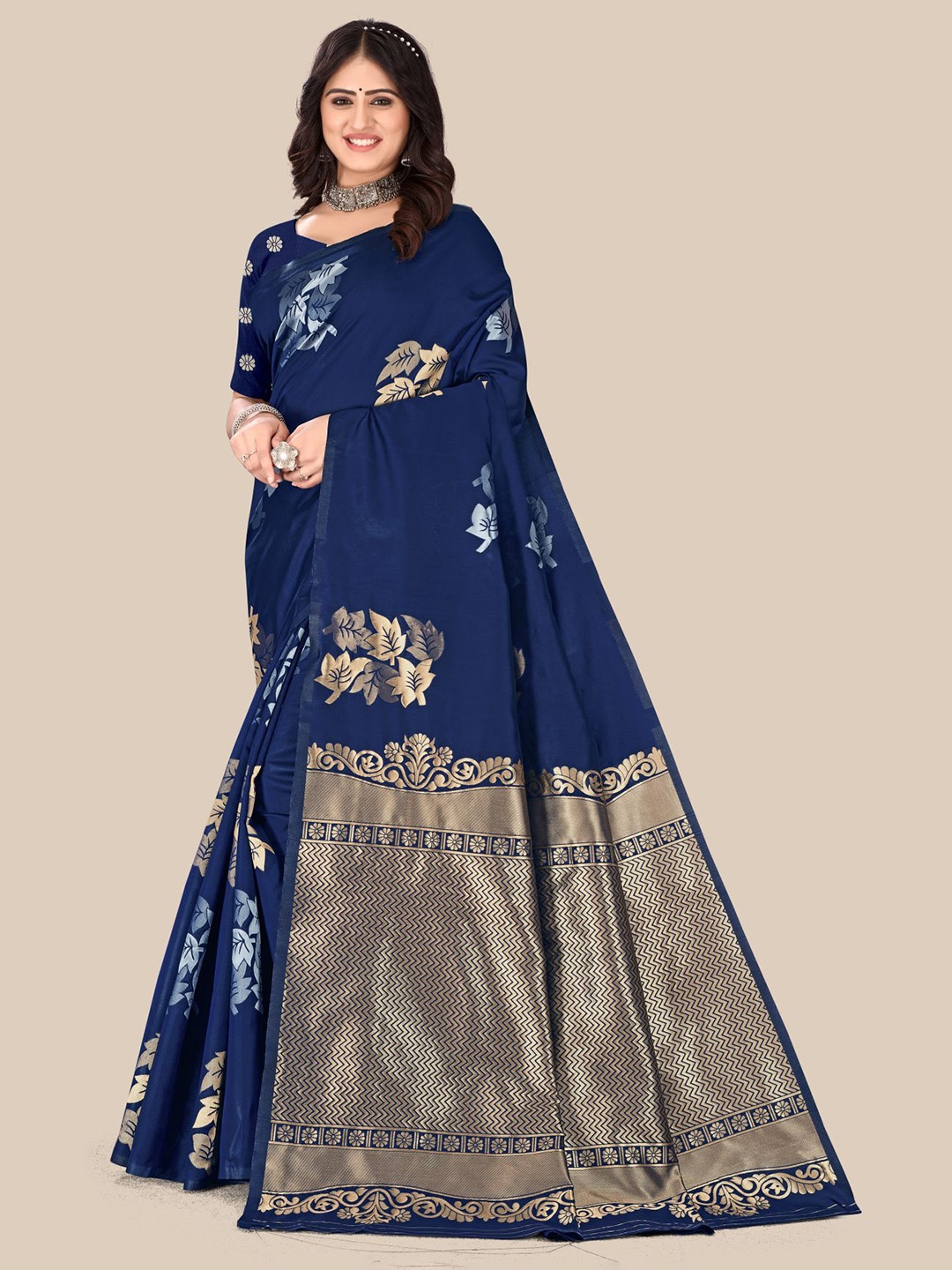 

VAIRAGEE Navy Blue & Gold-Toned Woven Design Zari Saree