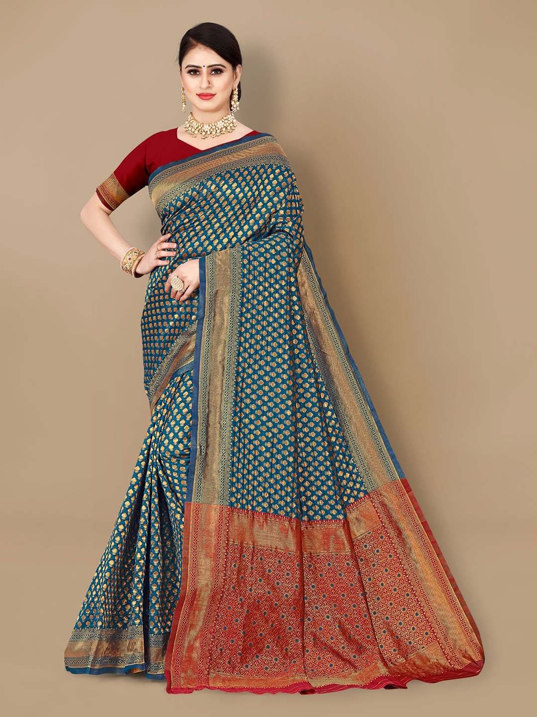 

VAIRAGEE Teal & Gold-Toned Woven Design Zari Saree