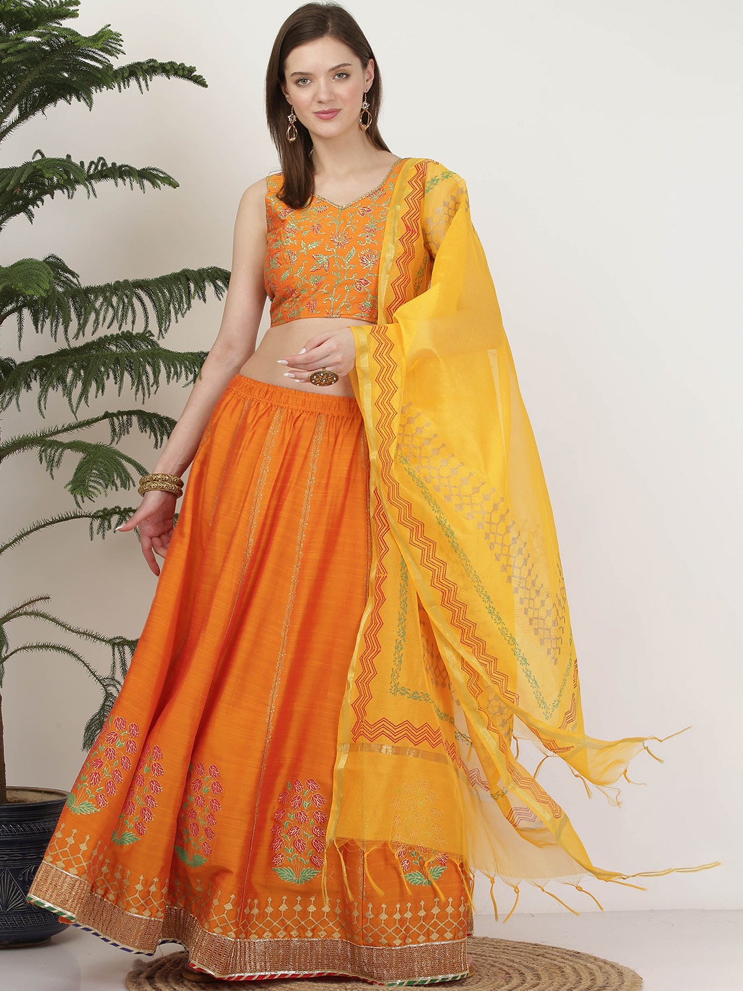 

KAANCHIE NANGGIA Orange Printed Ready to Wear Lehenga & Blouse With Dupatta