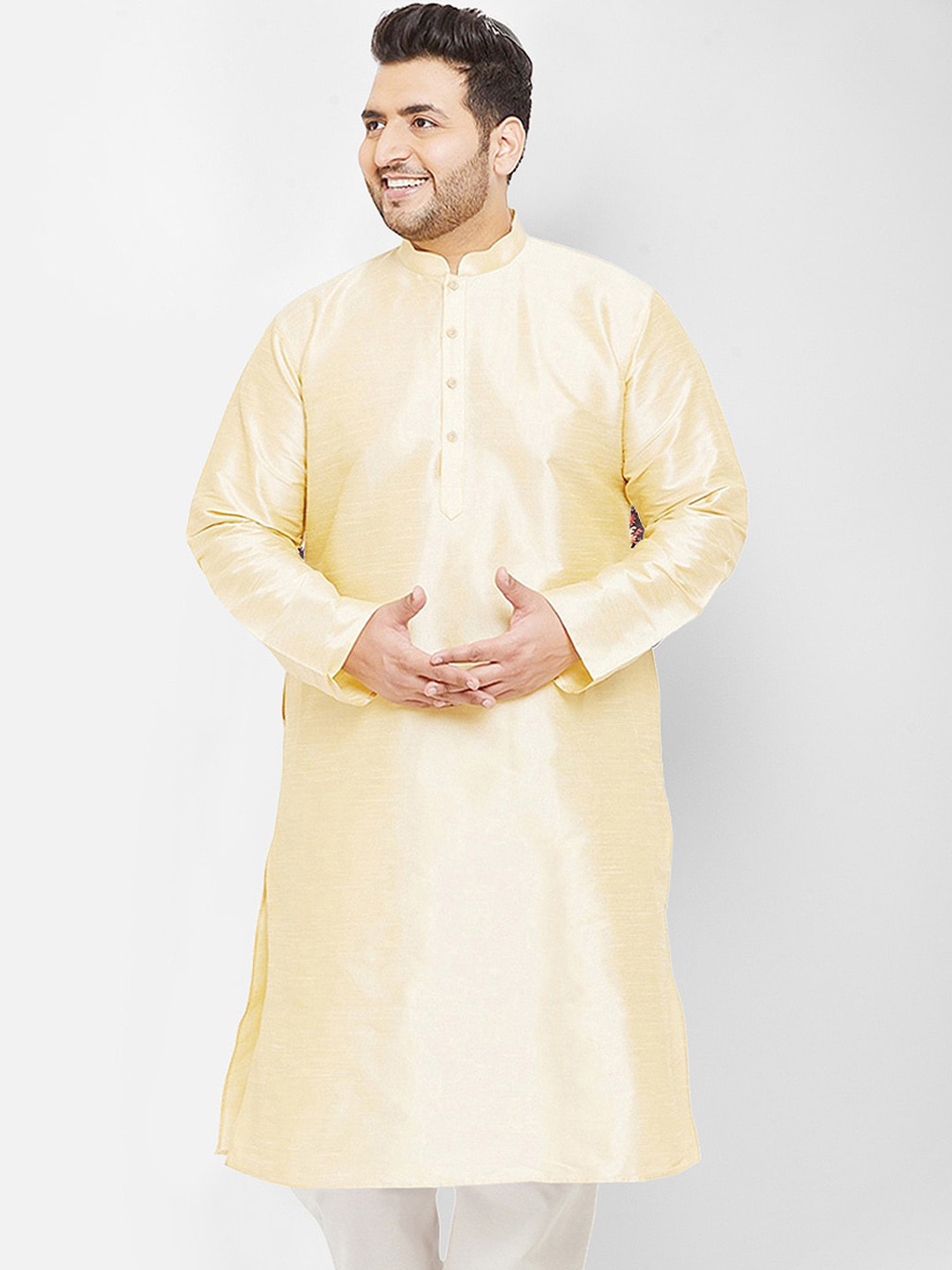 

SG LEMAN Plus Men Mandarin collar Raw Silk Kurta, Beige