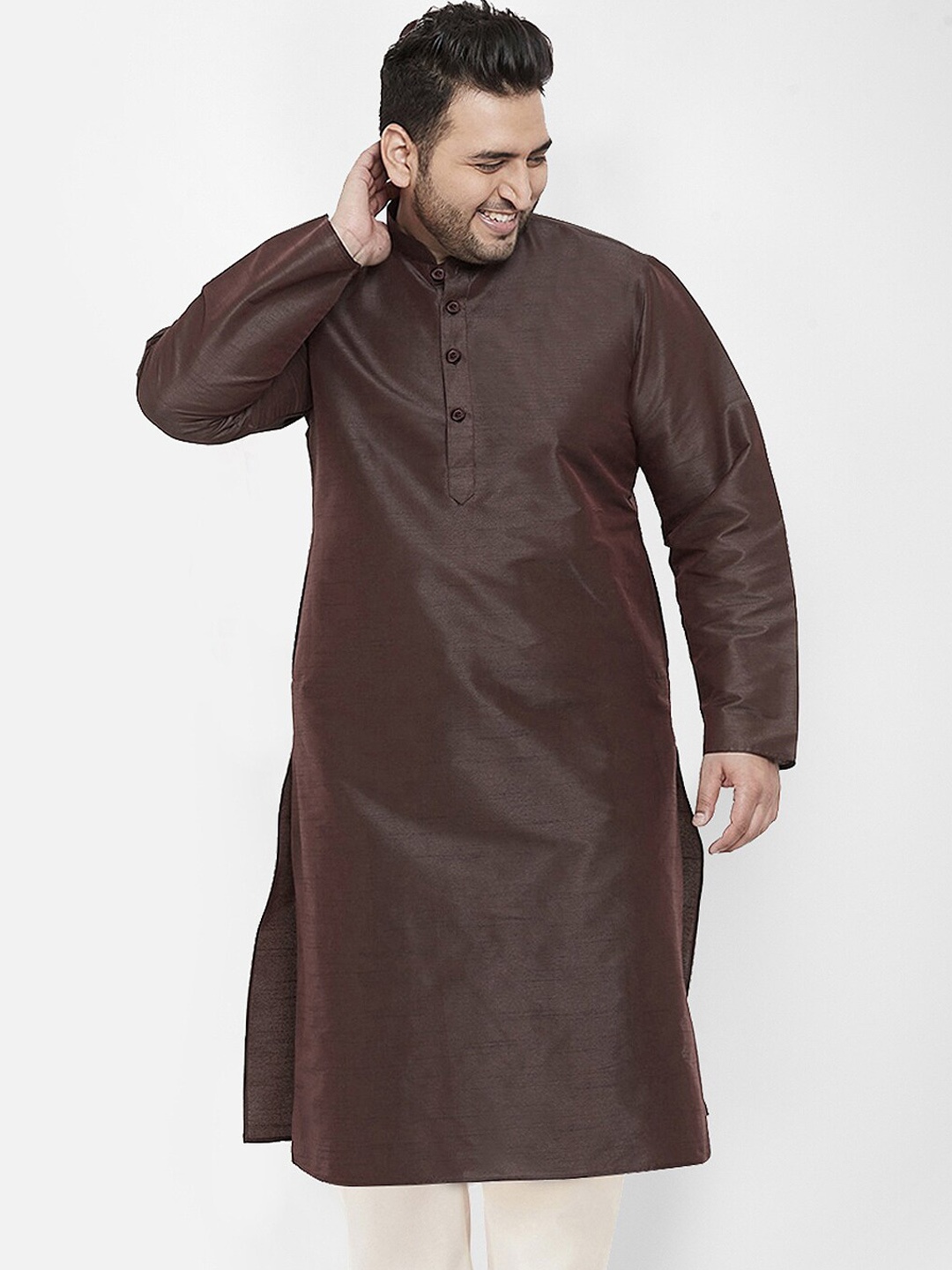 

SG LEMAN Plus Men Mandarin collar Raw Silk Kurta, Brown