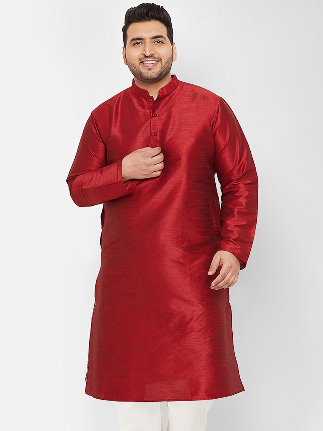 

SG LEMAN Plus Men Mandarin collar Raw Silk Kurta, Maroon