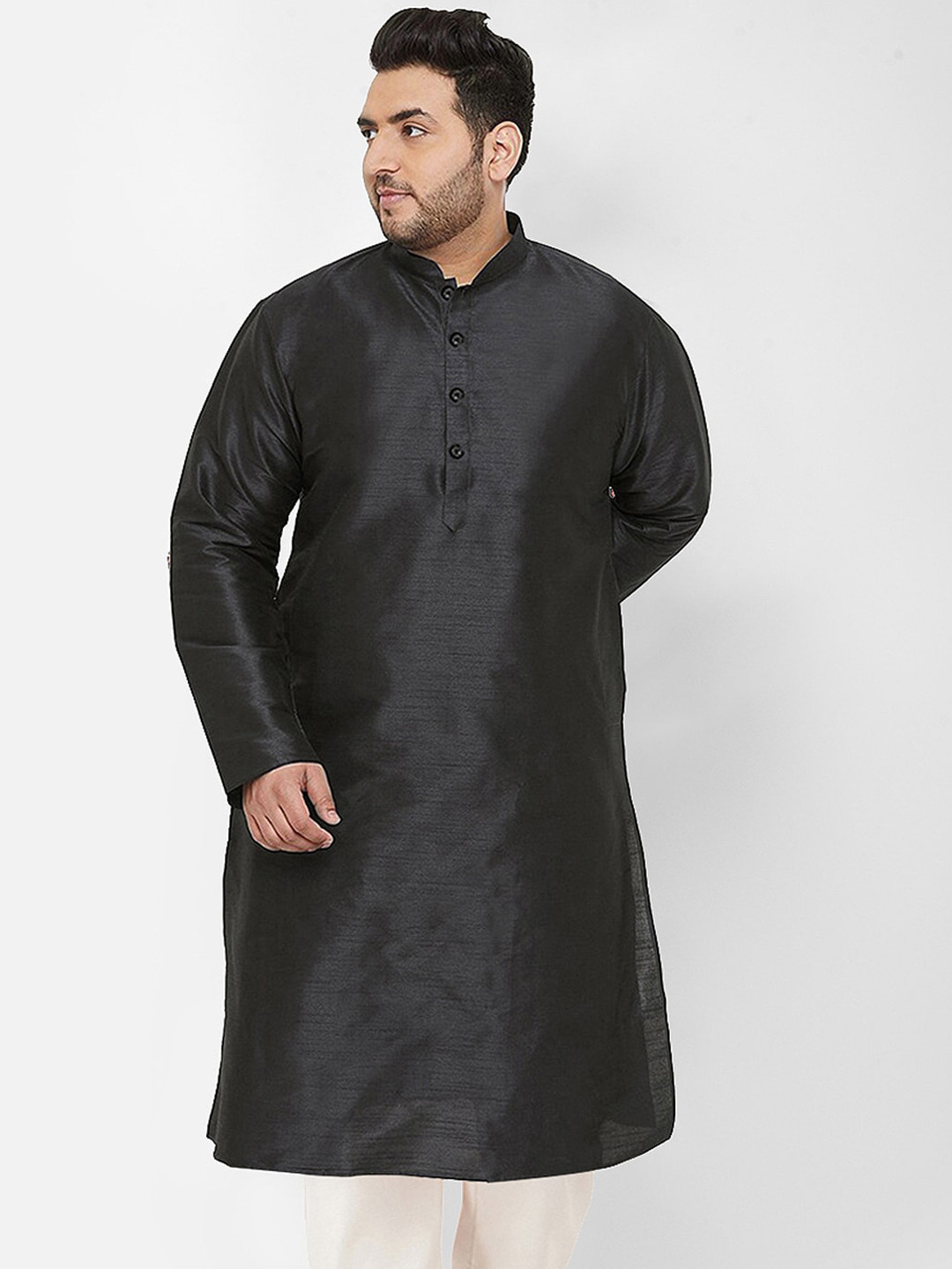 

SG LEMAN Plus Men Mandarin collar Raw Silk Kurta, Black