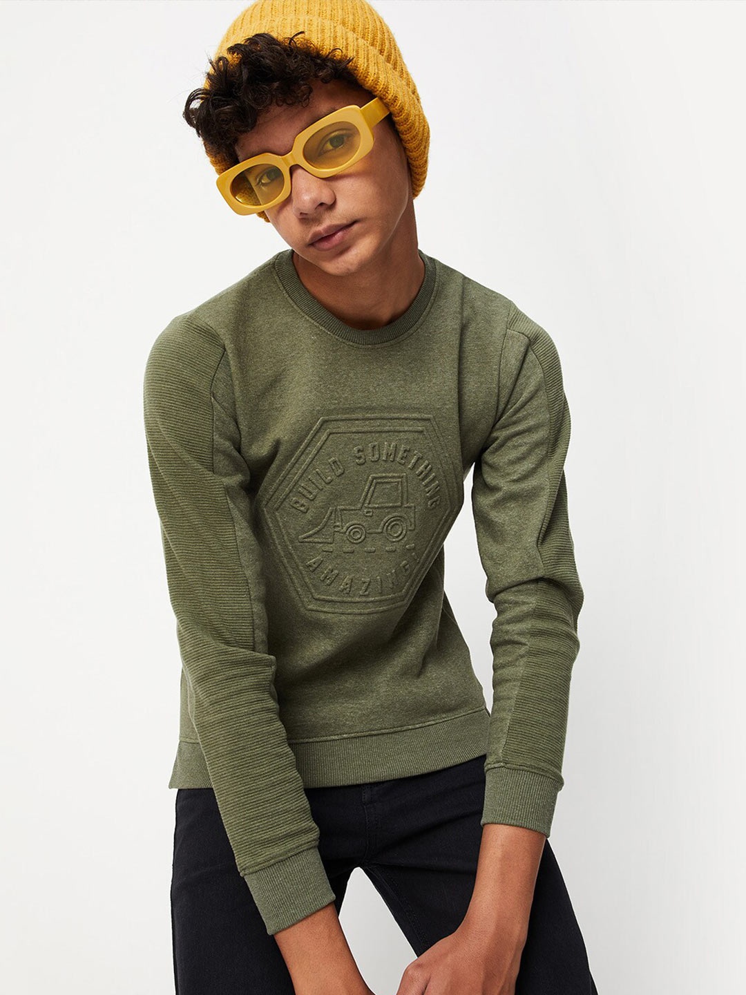 

max Boys Green Printed Cotton Sweatshirt