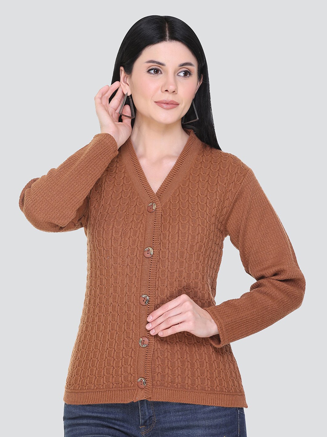 

NITSLINE Women Coffee Brown Cable Knit Acrylic Cardigan