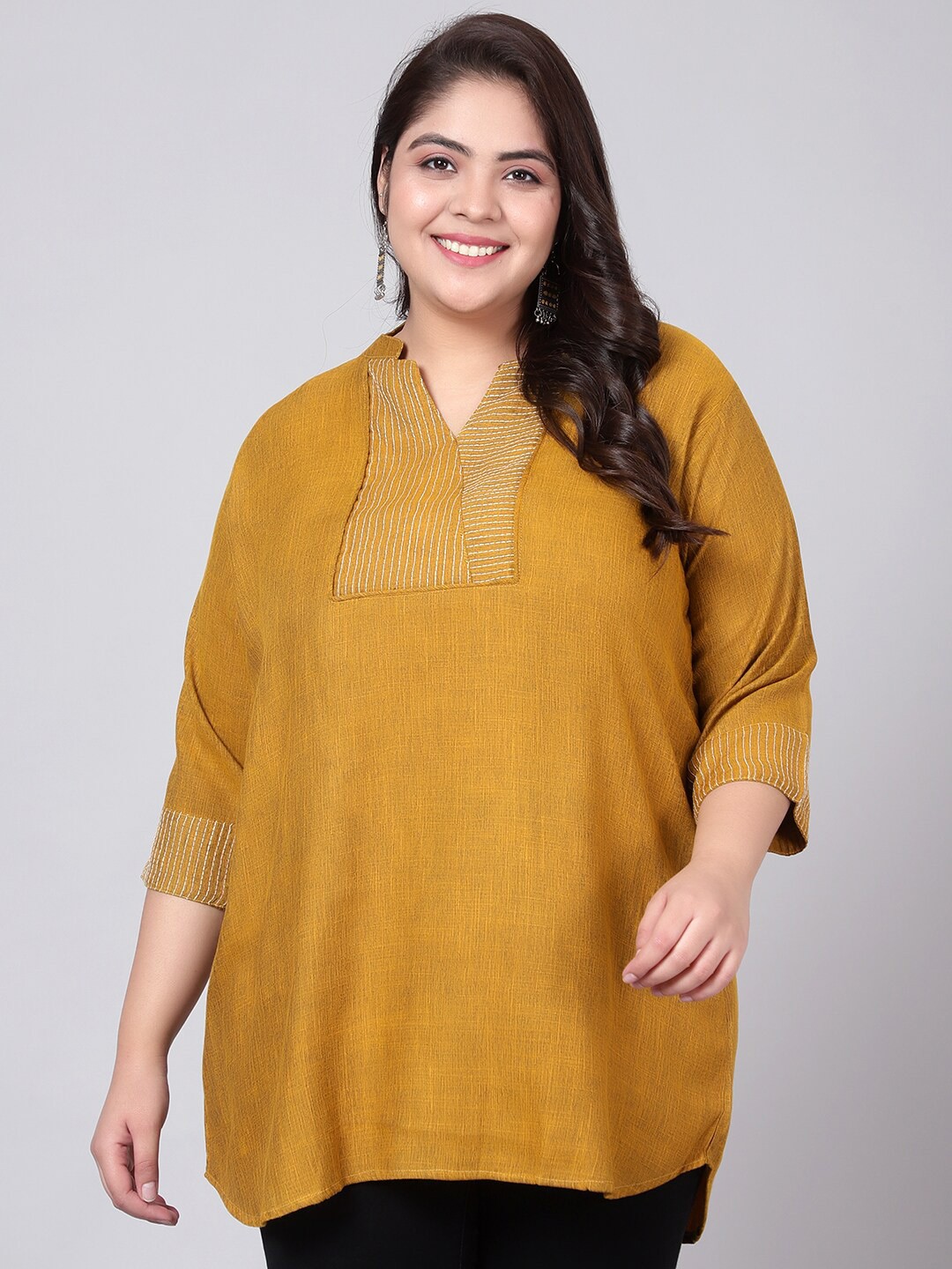 

Indietoga Plus Size Mustard Embroidered Cotton Linen Tunic
