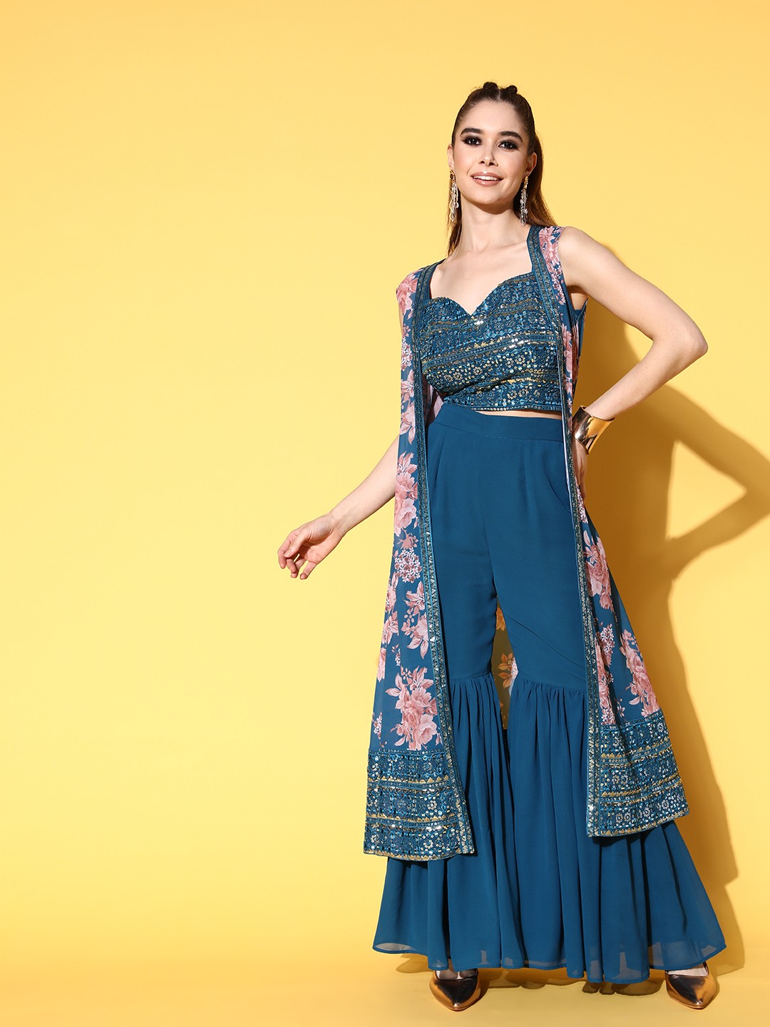 

KVSFAB Blue Sequinned Mirror Work Top & Sharara with Shrug
