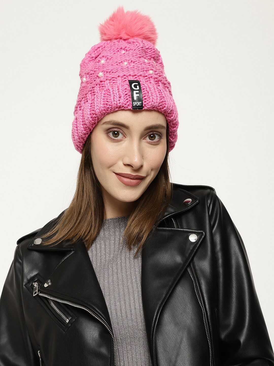

Roadster Women Pink Self-Design Winter Woolen Beanie