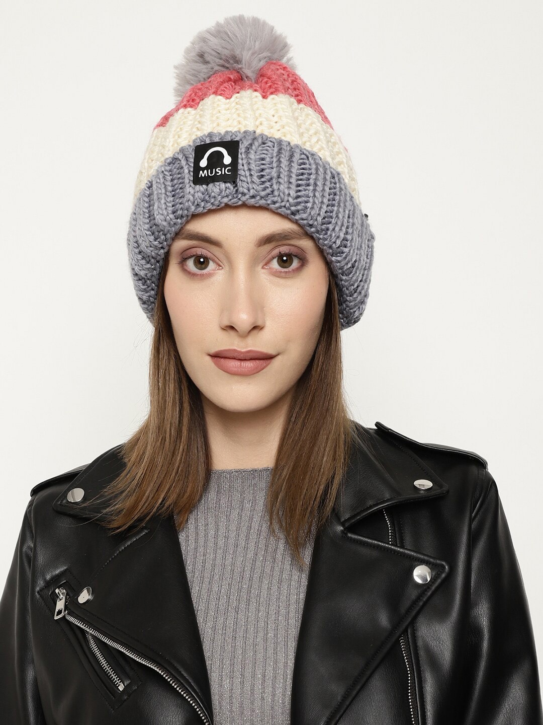 

Roadster Women Grey & Cream-Coloured Colourblocked Woolen Beanie