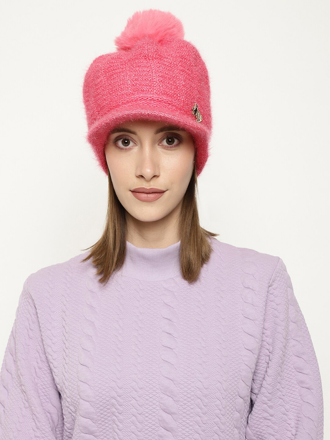 

Roadster Women Pink Self-Design Woolen Beanie Cap