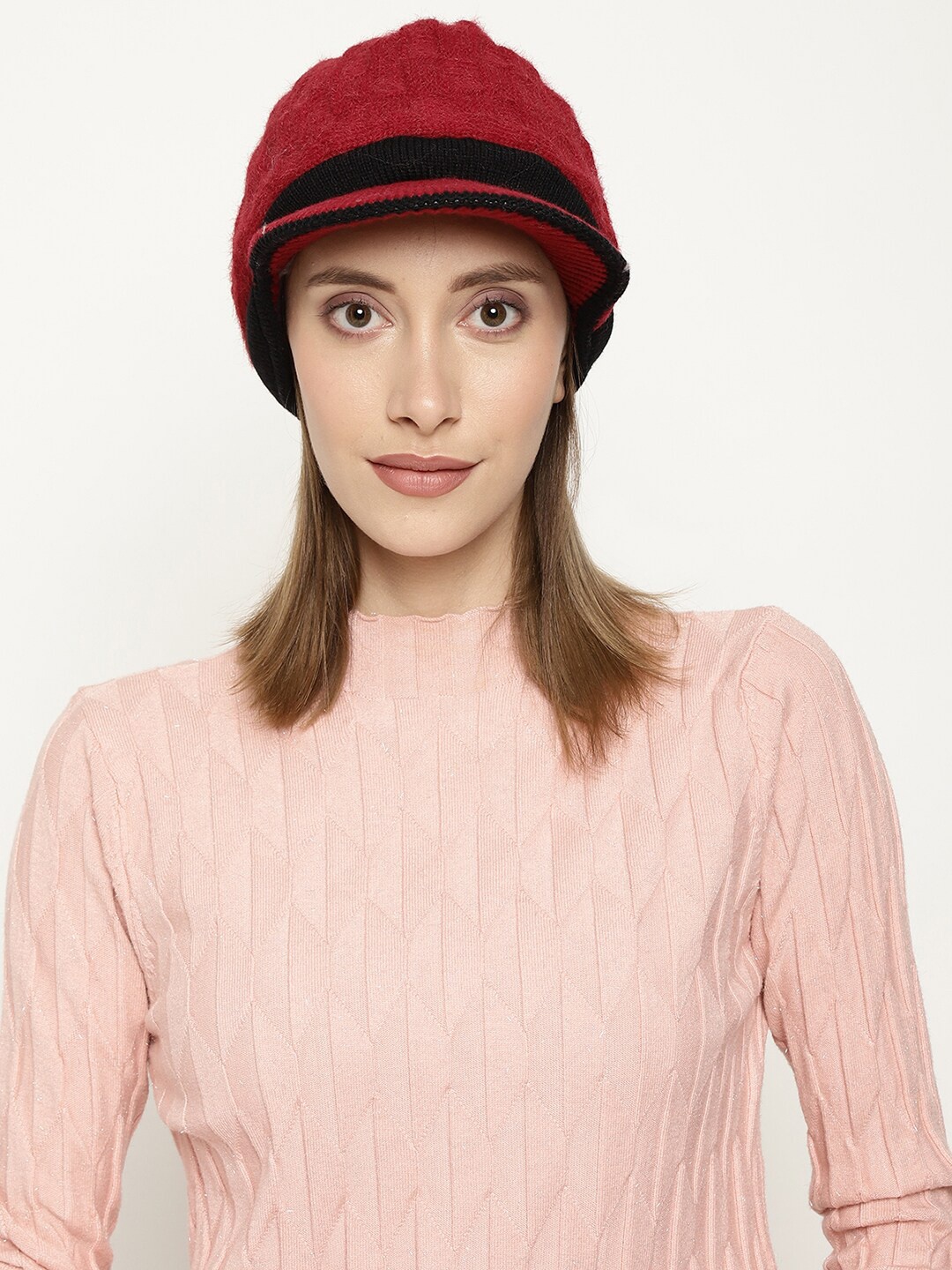 

Roadster Women Red Self-Design Winter Woolen Visor Cap