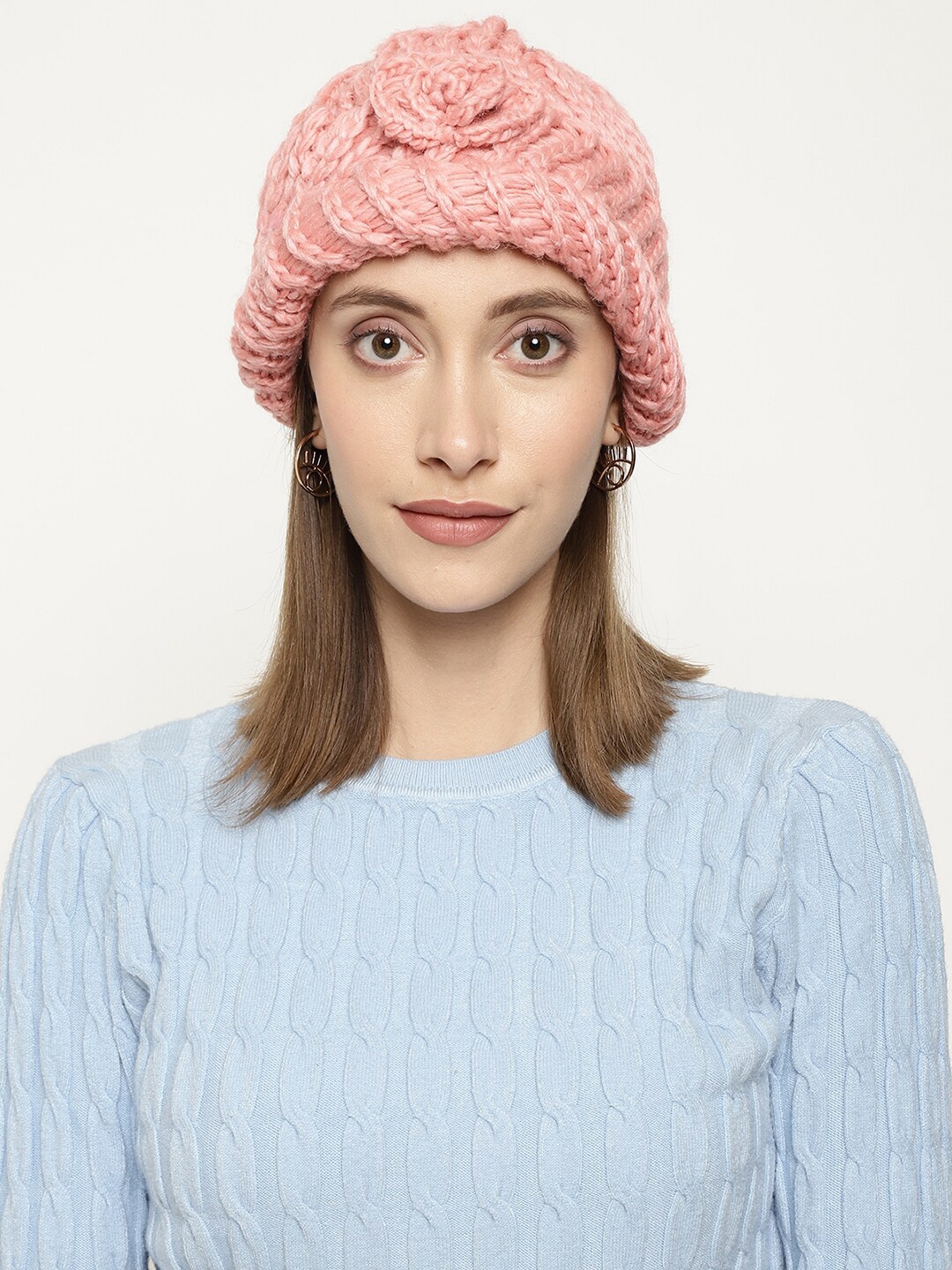 

Roadster Women Pink Self-Design Winter Woolen Beanie