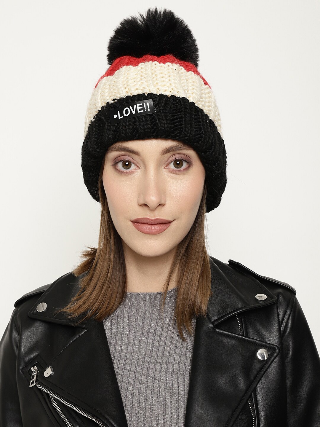 

Roadster Women Black & Red Colourblocked Woolen Beanie