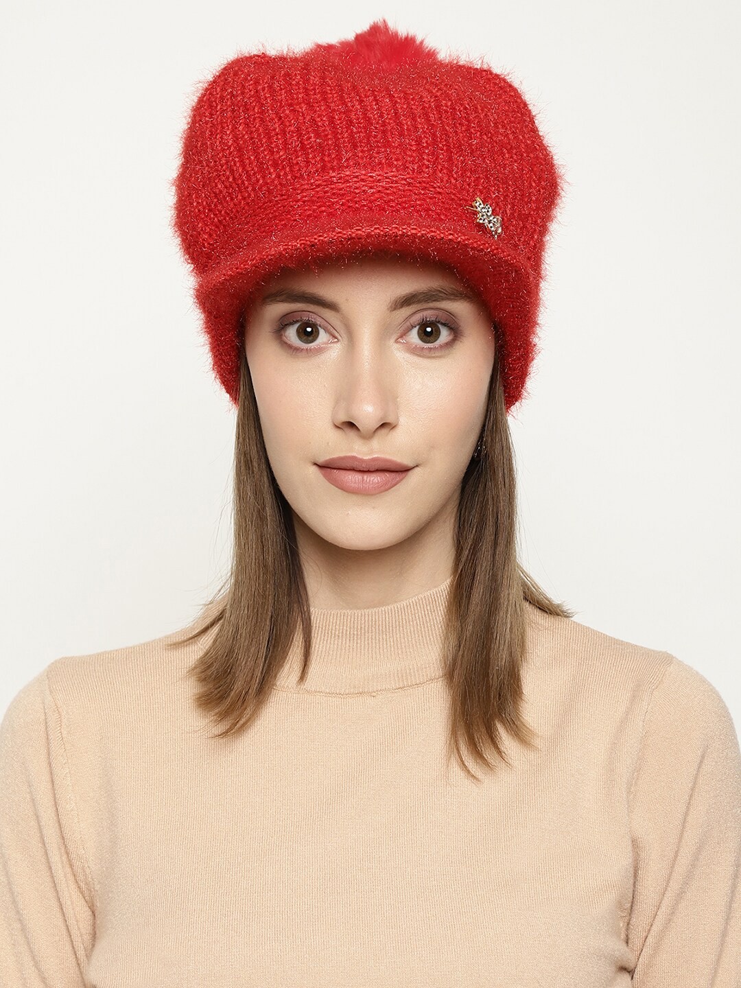 

Roadster Women Red Self-Design Woolen Beanie Visor Cap