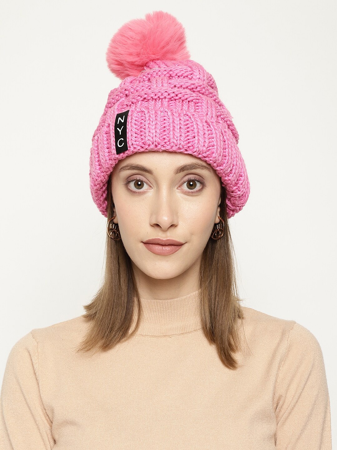 

Roadster Women Pink Self-Design Winter Woolen Beanie