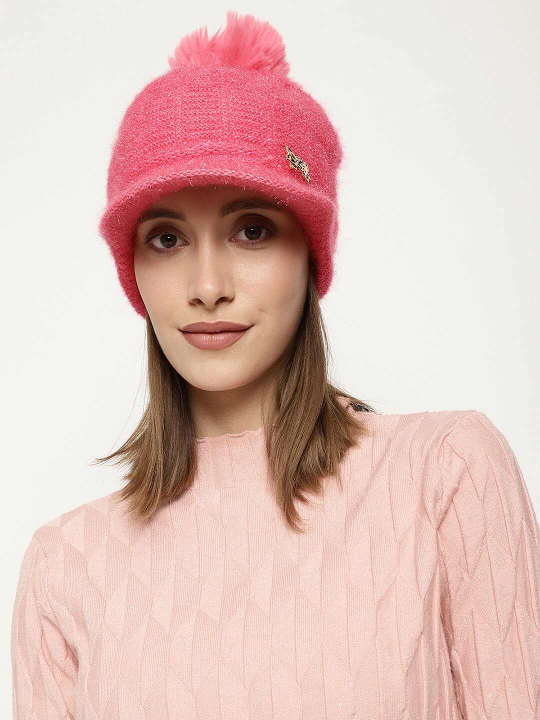 

Roadster Women Pink Self-Design Woolen Beanie Visor Cap