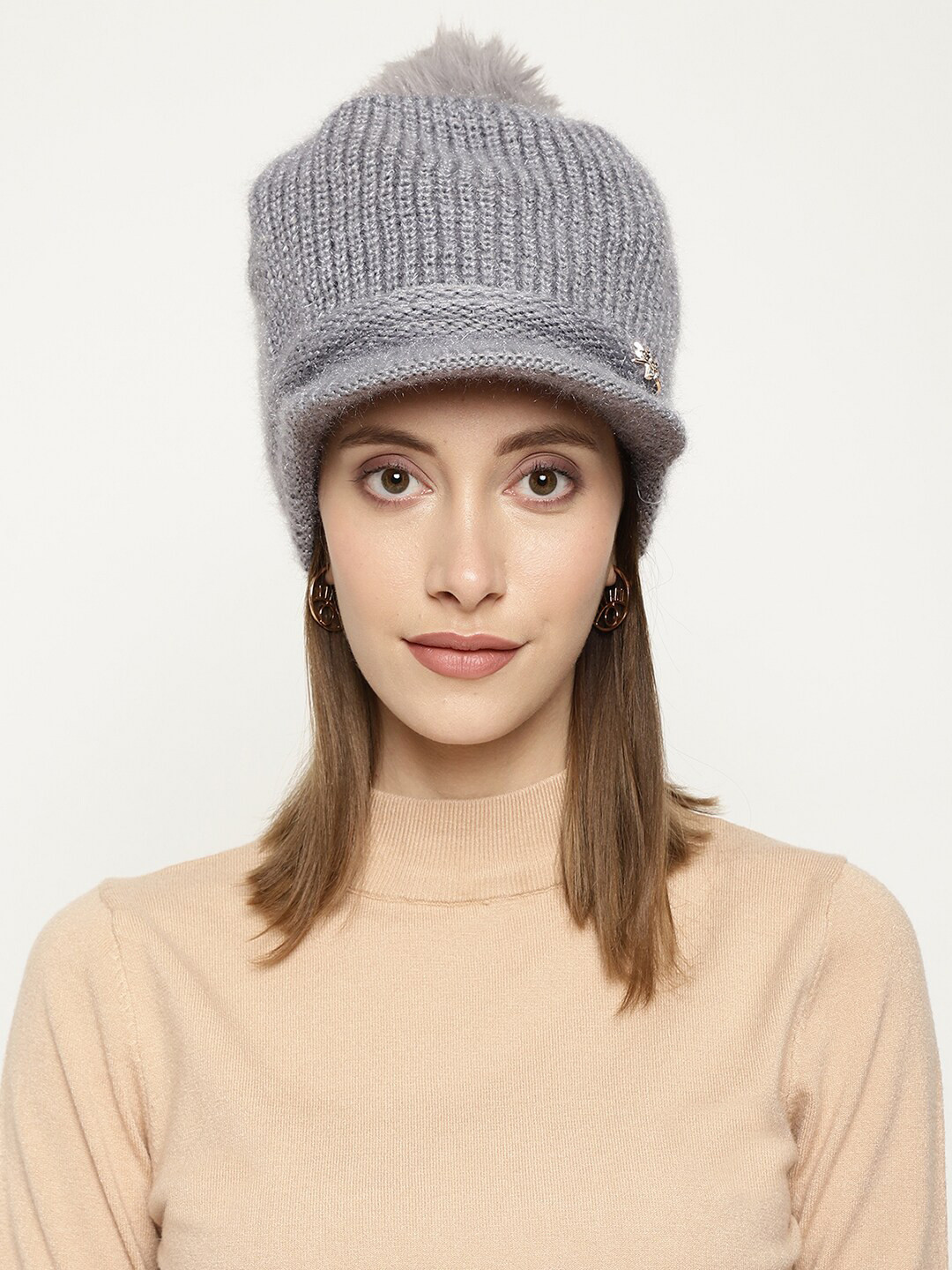

Roadster Women Grey Self-Design Winter Woolen Visor Cap